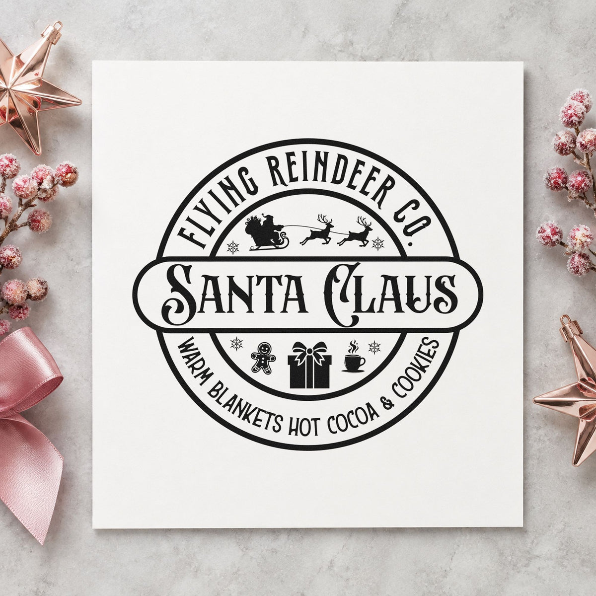 Flying Reindeer Santa Claus Badge rubber stamp printed in black ink, ready for offering list sheet and similar paper crafts.