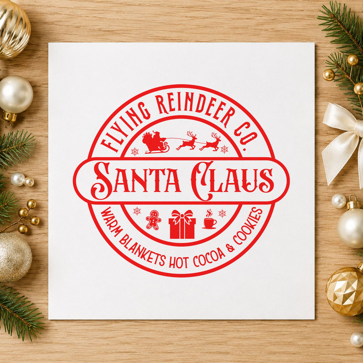 Flying Reindeer Santa Claus Badge craft stamp in red ink on cardstock, an easy option for blanket corner ink.