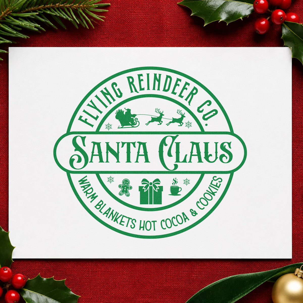 Flying Reindeer Santa Claus Badge craft stamp imprinted in green ink on paper, a design suited to framed lobby board.