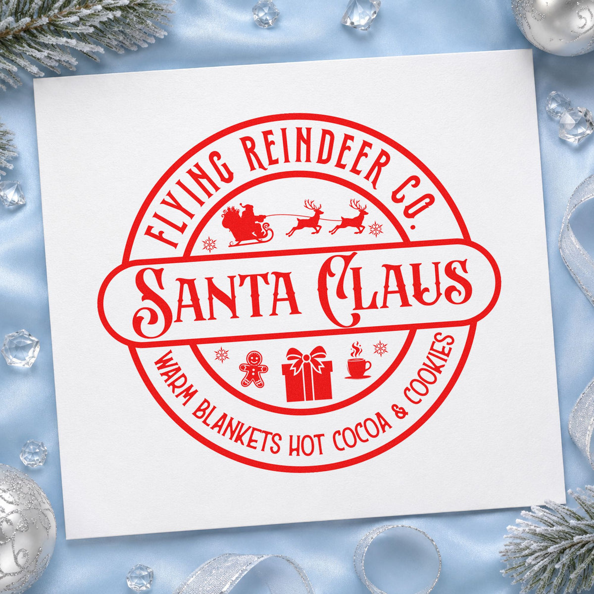 Flying Reindeer Santa Claus Badge rubber stamp shown in red ink, stamped for projects such as bundle bin labels.