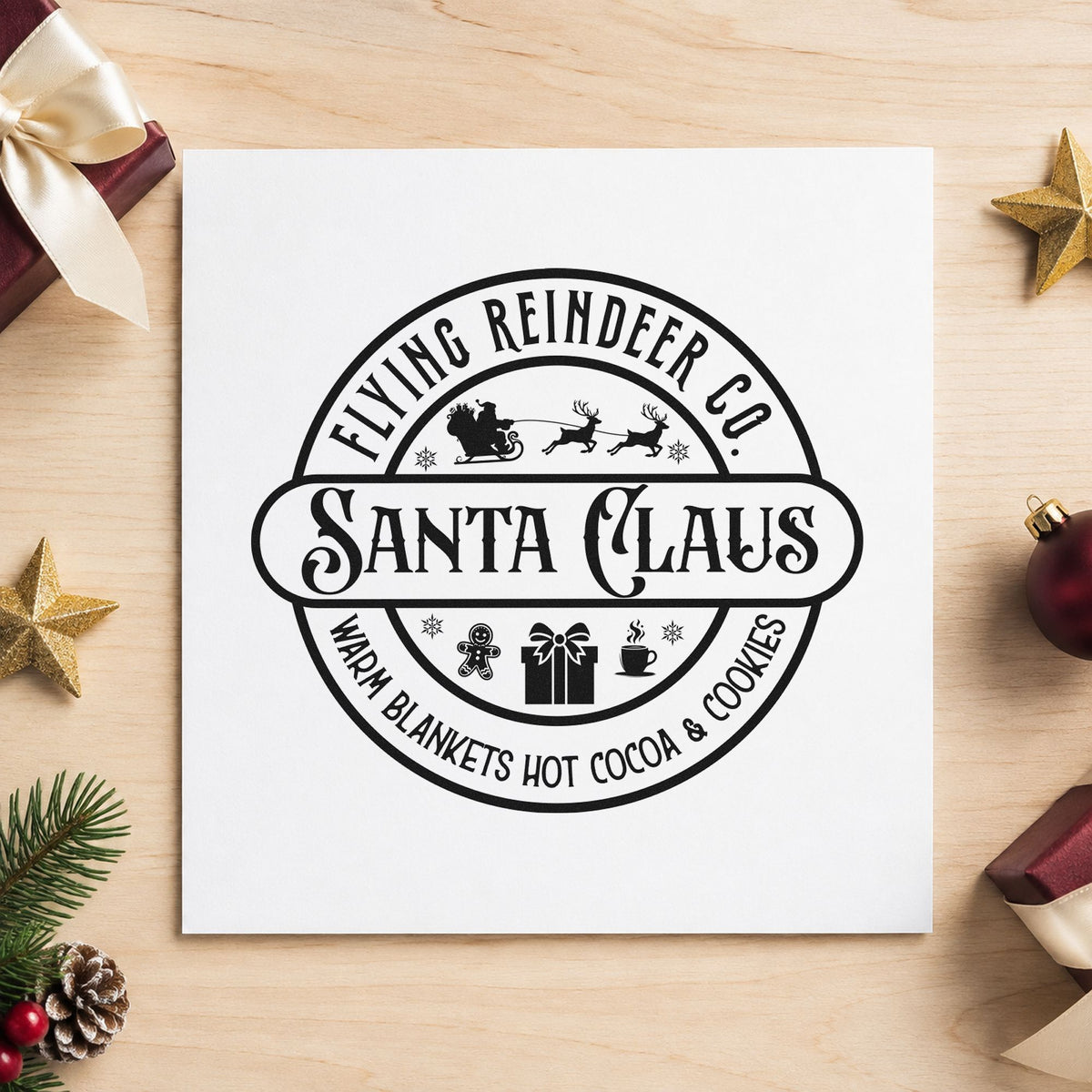 Flying Reindeer Santa Claus Badge rubber stamp printed in black ink, ready for full service cards and similar paper crafts.