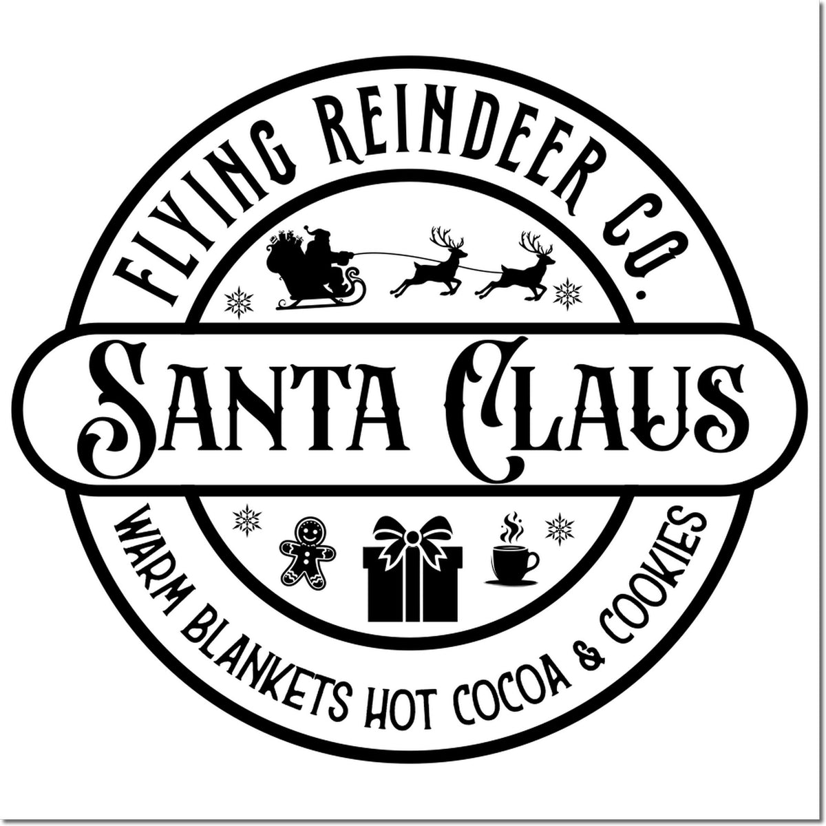 Santa Claus rubber stamp design with reindeer, warm blankets, hot cocoa and cookies for holiday crafts and packaging.