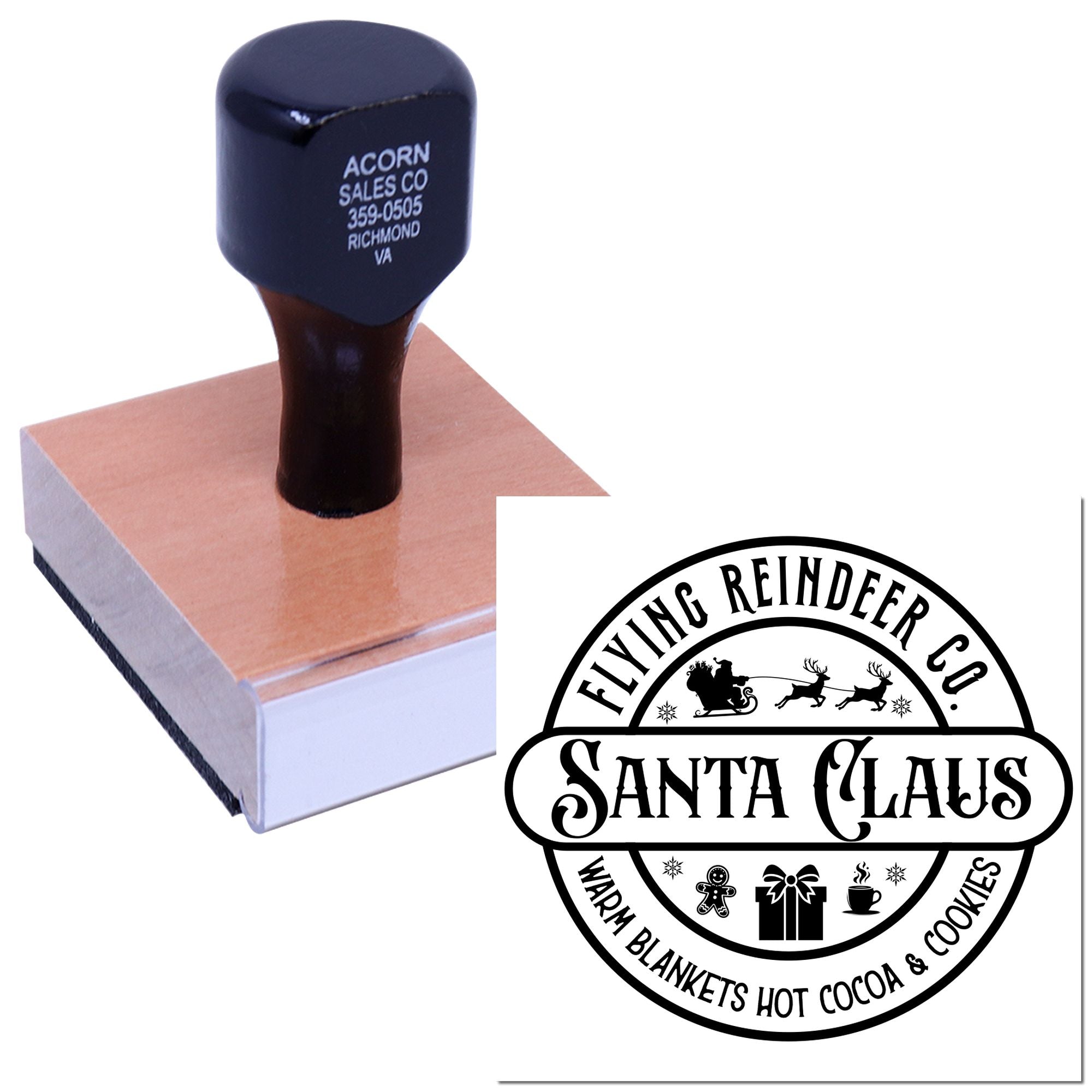 Custom rubber stamp with Flying Reindeer Co. Santa Claus logo, shown with a stamped impression.