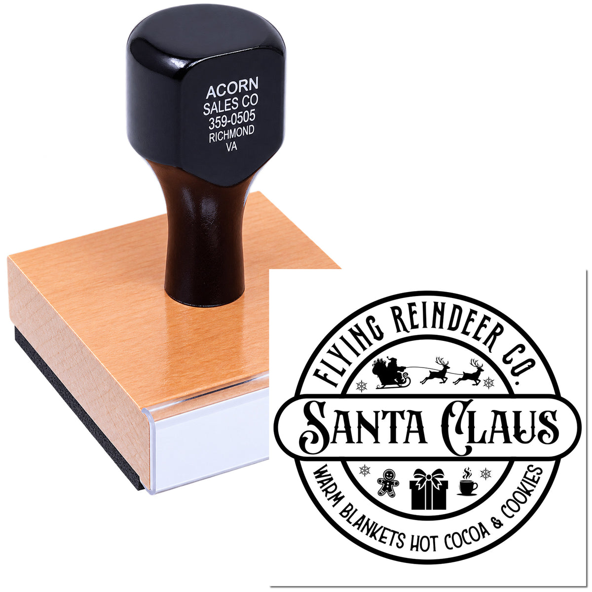 Custom rubber stamp with Flying Reindeer Co. Santa Claus logo, shown with a stamped impression.