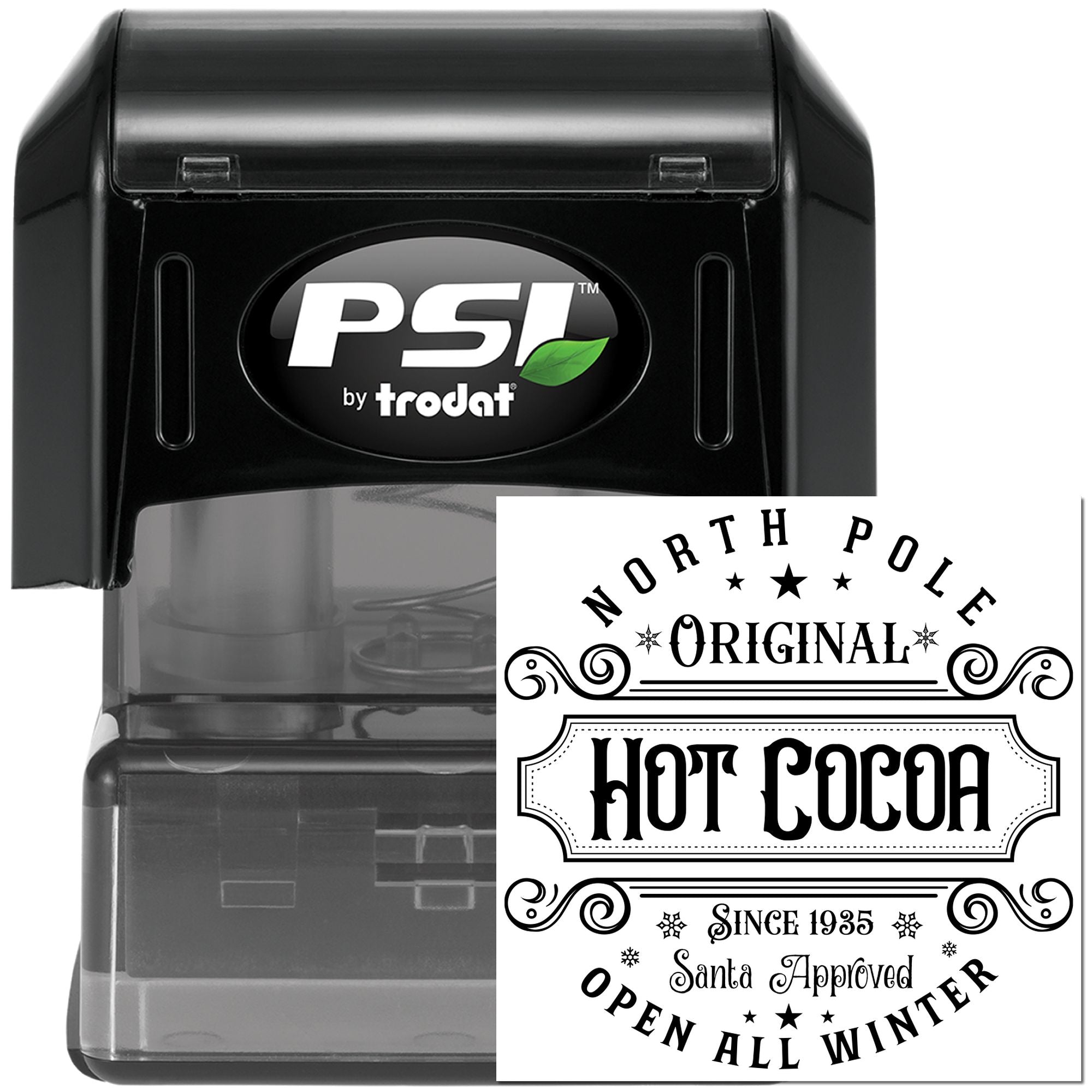 PSI by Trodat self-inking rubber stamp featuring custom North Pole Original Hot Cocoa holiday stamp design