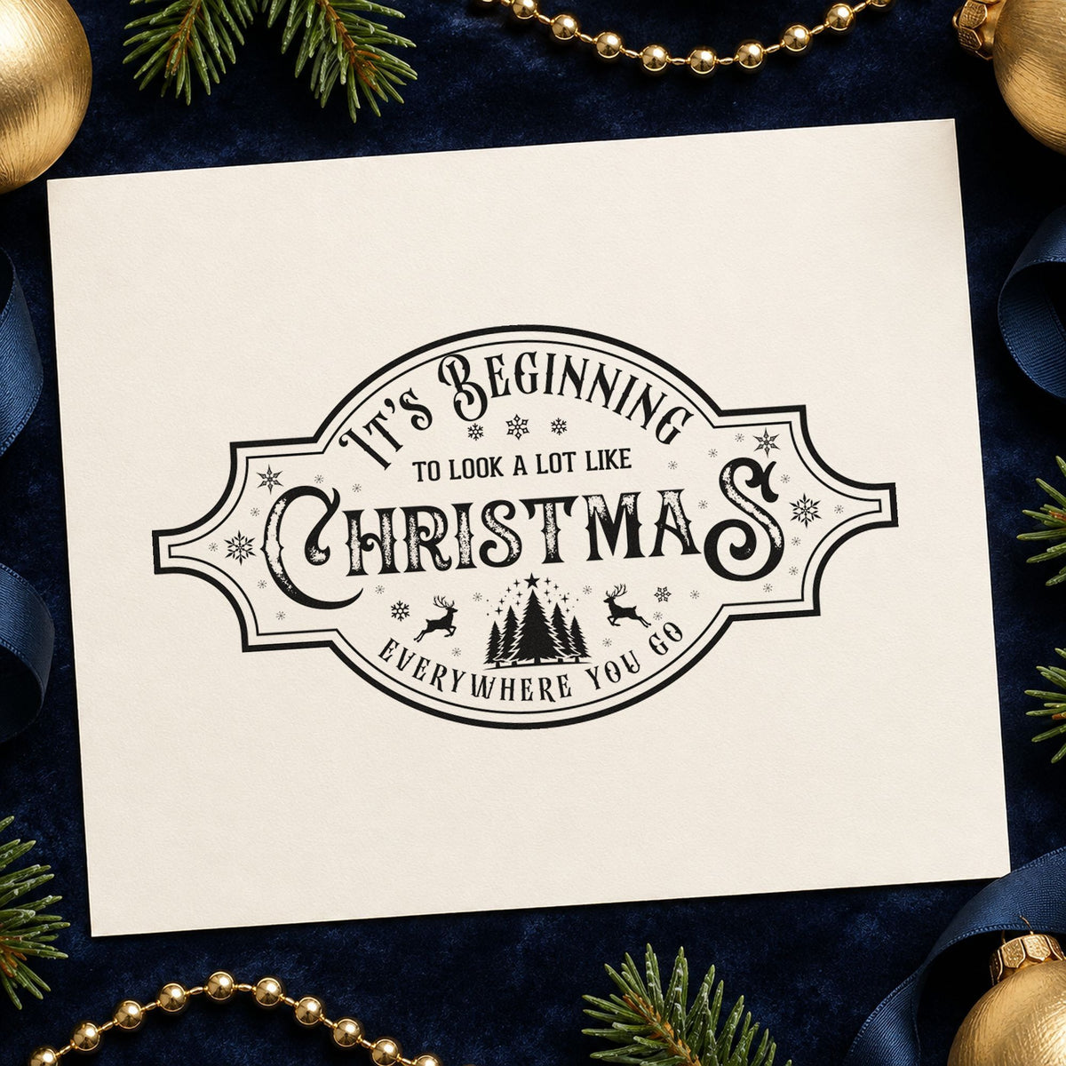 Beginning To Look Like Christmas craft stamp imprint in black ink on a handmade project, one idea being shaped gift tags.