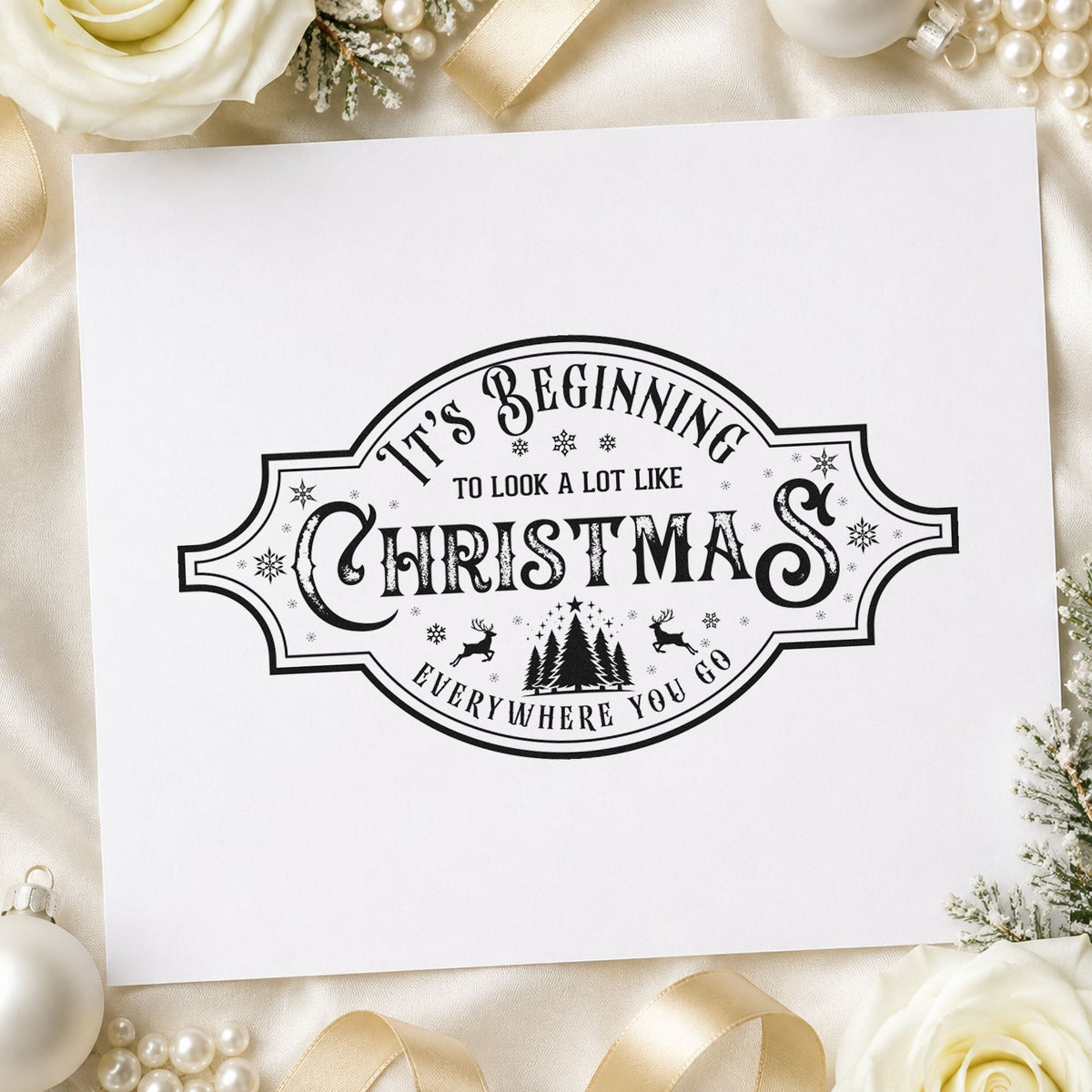 Beginning To Look Like Christmas rubber stamp printed in black ink, ready for setup order sheet and similar paper crafts.