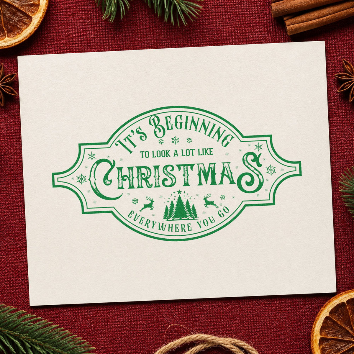 Beginning To Look Like Christmas craft stamp imprinted in green ink on paper, a design suited to framed attic hatch.