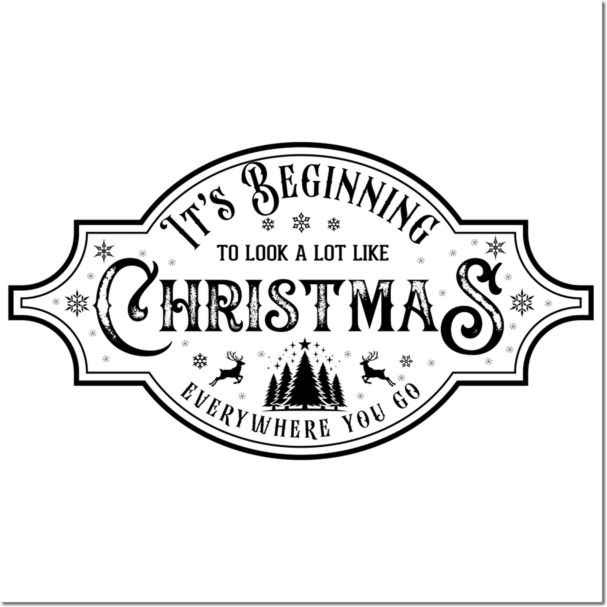 Its Beginning to Look a Lot Like Christmas vintage Christmas rubber stamp design with trees, deer, and snowflakes.