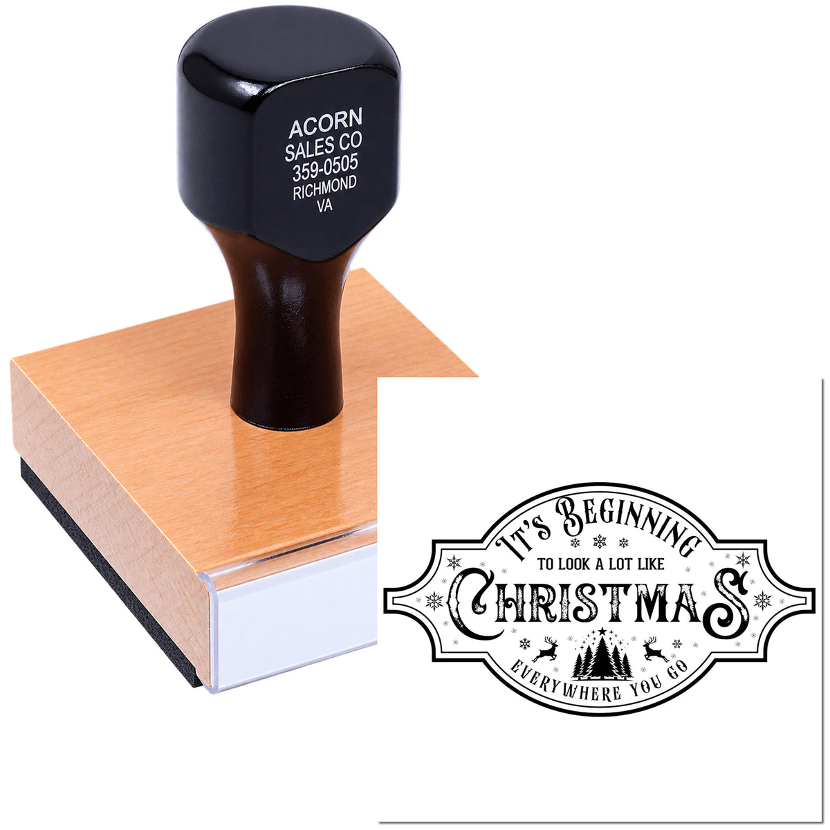Custom wood handle rubber stamp with Christmas design, ideal for branding holiday stationery, packaging, and mailings.