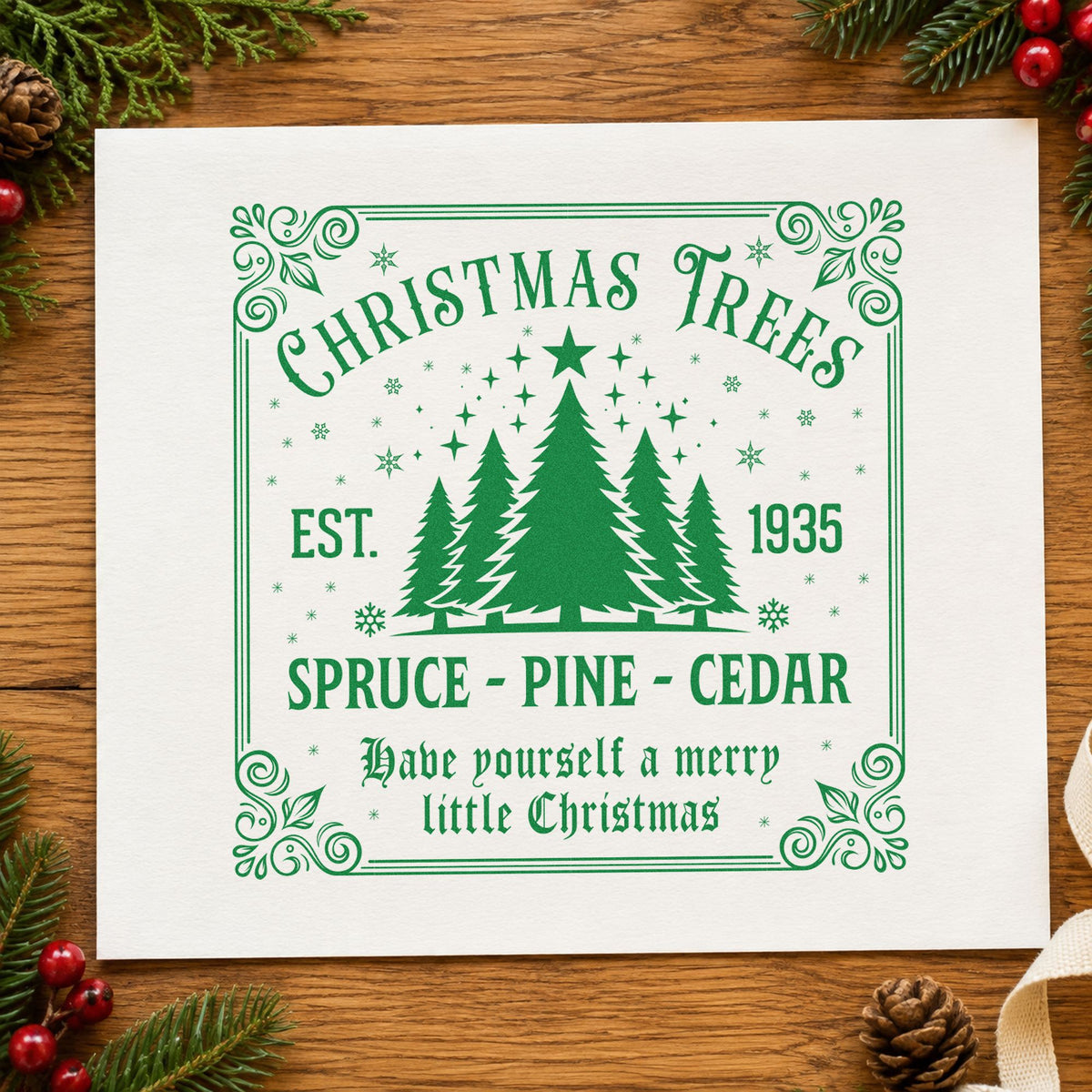 Christmas Trees Est 1935 Sign craft stamp in green ink on cardstock, an easy option for lot history album.