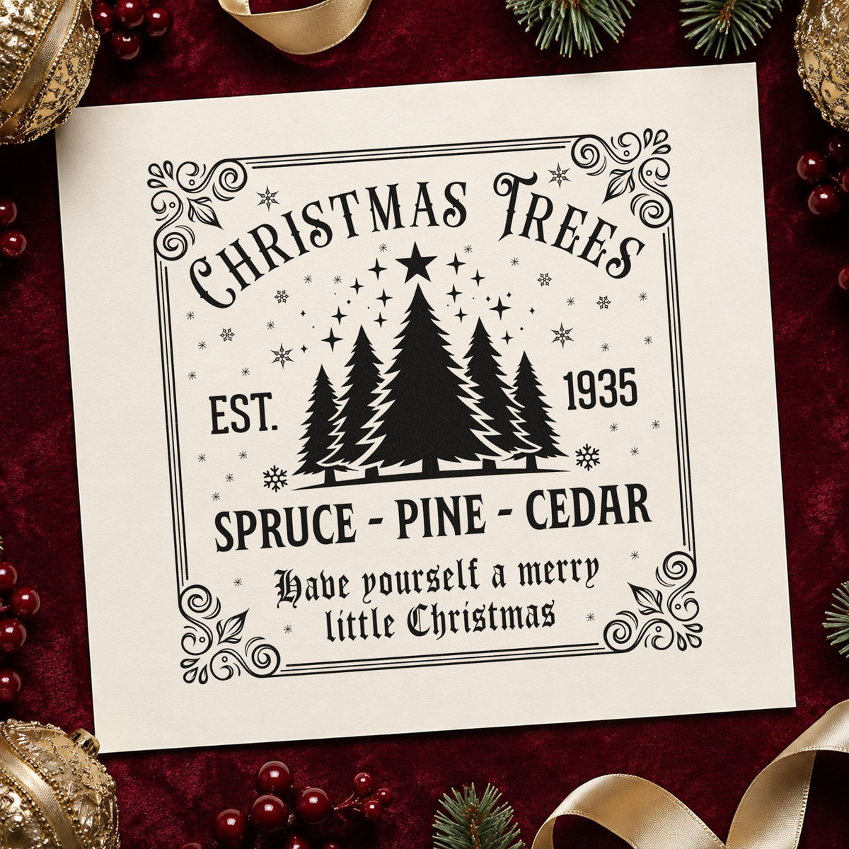 Christmas Trees Est 1935 Sign craft stamp imprint in black ink on a handmade project, one idea being cedar price tags.