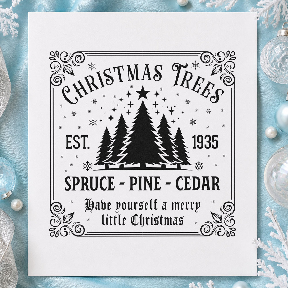 Christmas Trees Est 1935 Sign rubber stamp printed in black ink, ready for species stock sheet and similar paper crafts.
