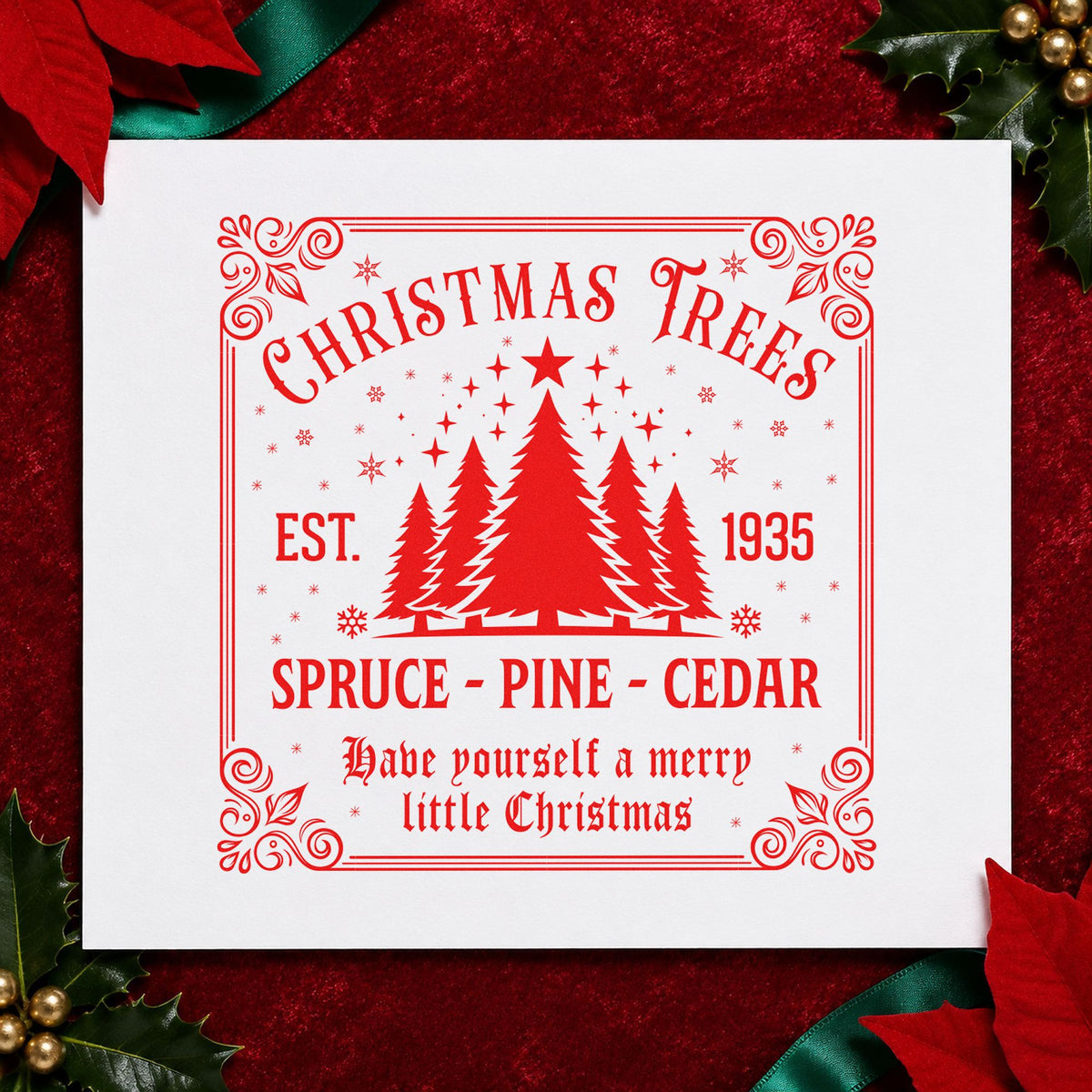 Christmas Trees Est 1935 Sign rubber stamp shown in red ink, stamped for projects such as field block labels.