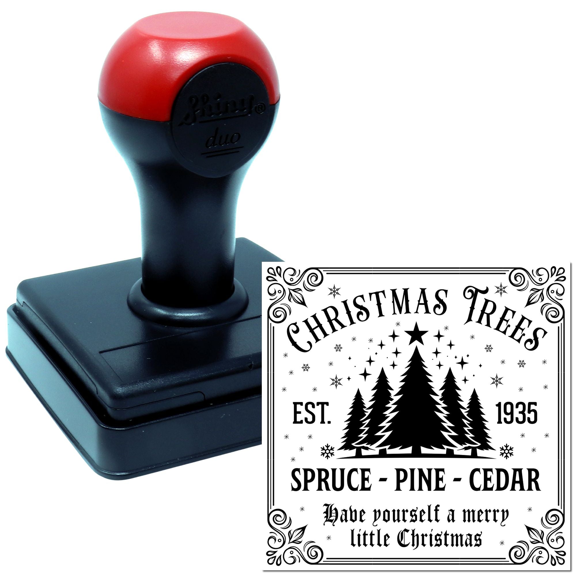 Custom self-inking rubber stamp with Christmas Trees design for holiday cards, crafts, and festive branding.