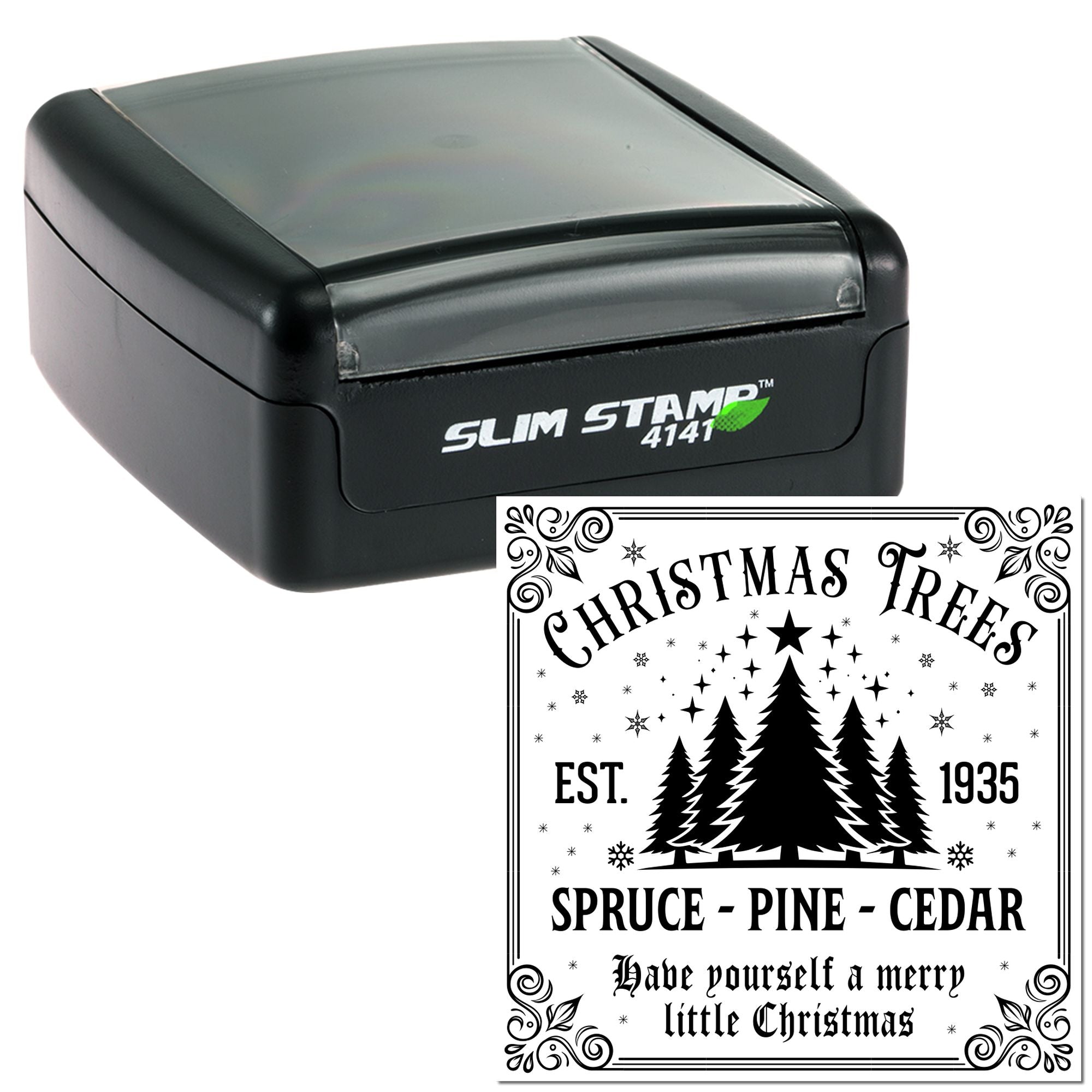 Christmas Trees self-inking rubber stamp with custom holiday design for greeting cards, craft projects, and seasonal branding.