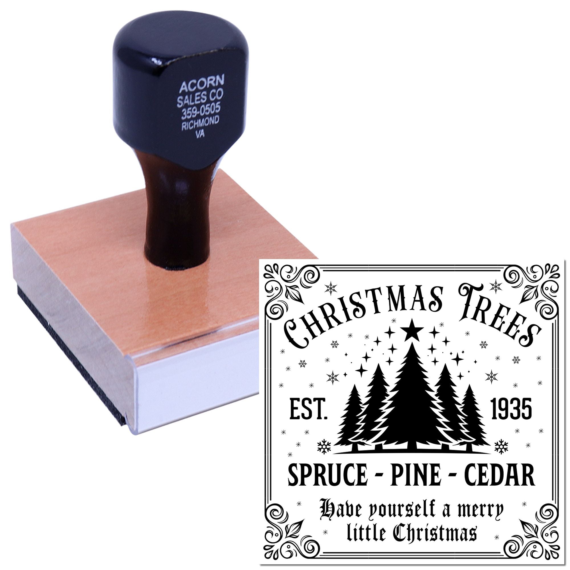 Wood-mounted custom rubber stamp featuring Christmas Trees design for holiday cards, crafts, and seasonal branding.