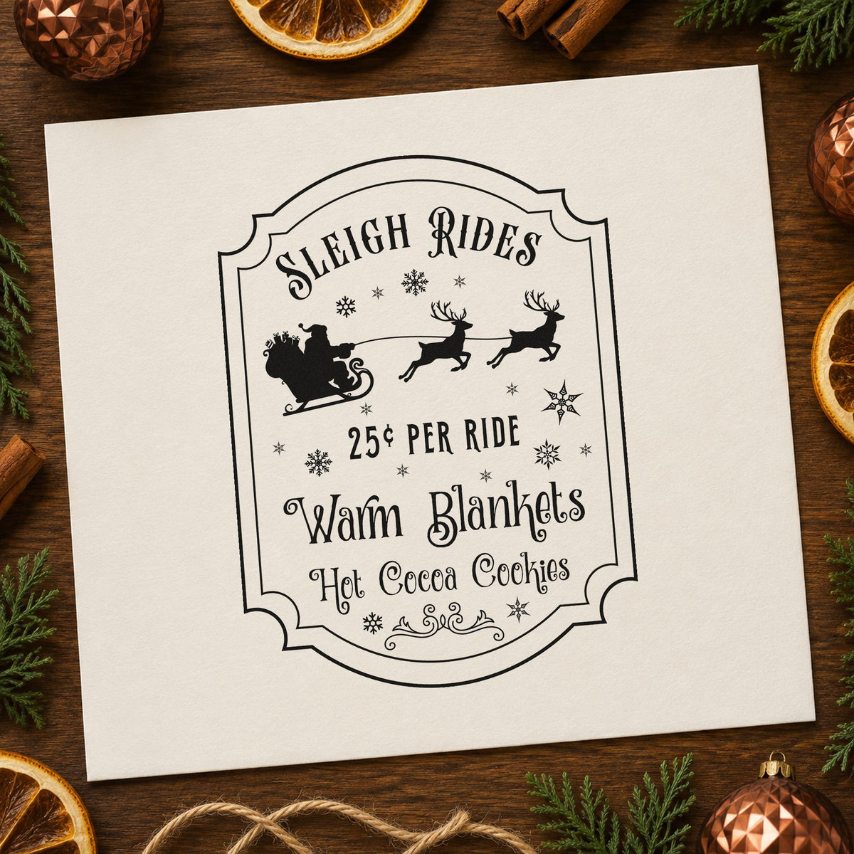 Sleigh Rides Warm Blankets craft stamp imprint in black ink on a handmade project, one idea being booth token tags.
