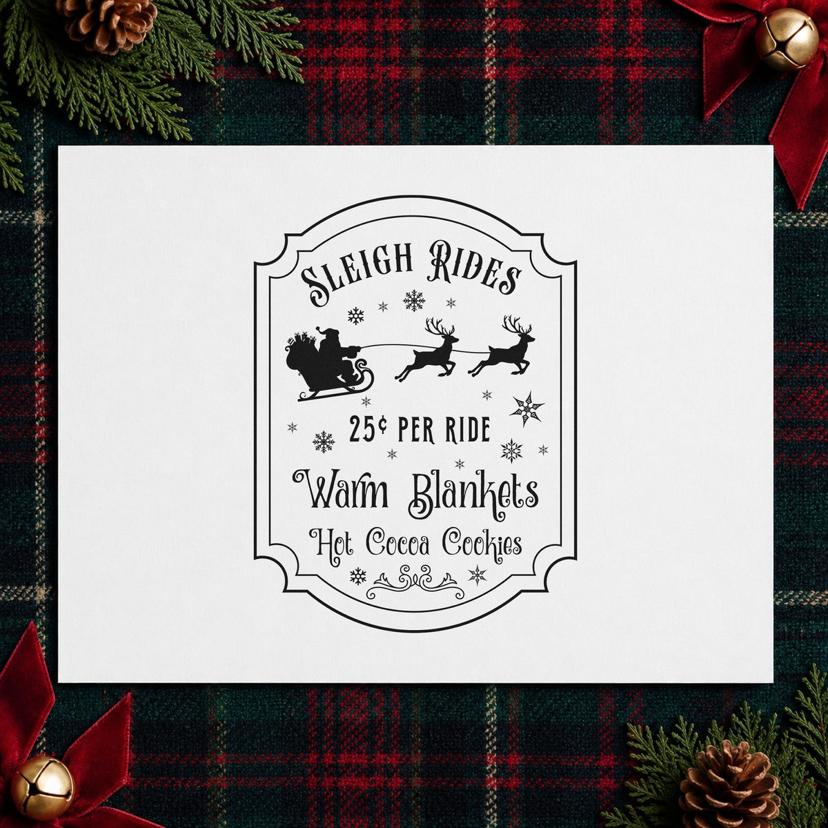Sleigh Rides Warm Blankets rubber stamp printed in black ink, ready for rate card sheet and similar paper crafts.
