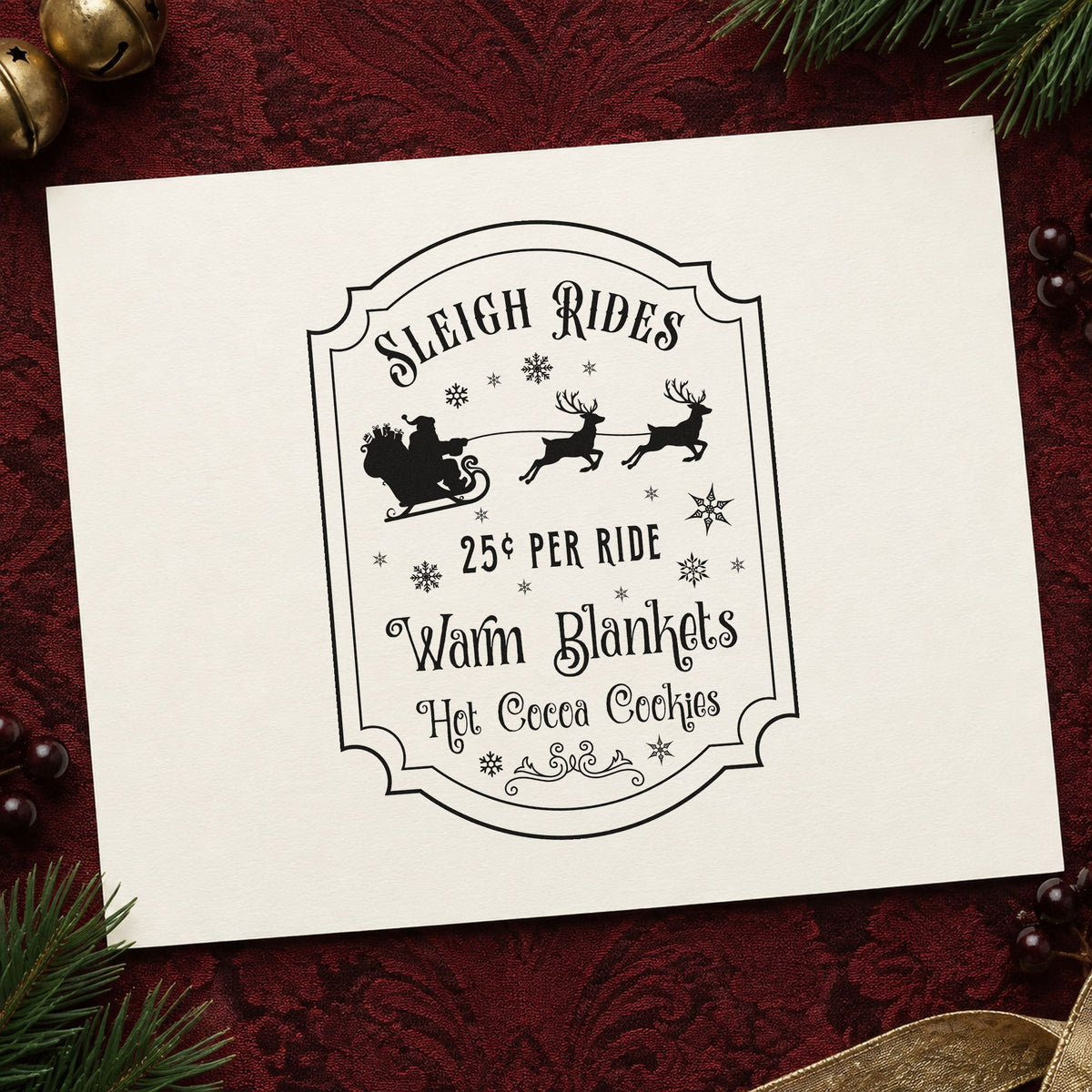 Sleigh Rides Warm Blankets rubber stamp printed in black ink, ready for priced ride cards and similar paper crafts.