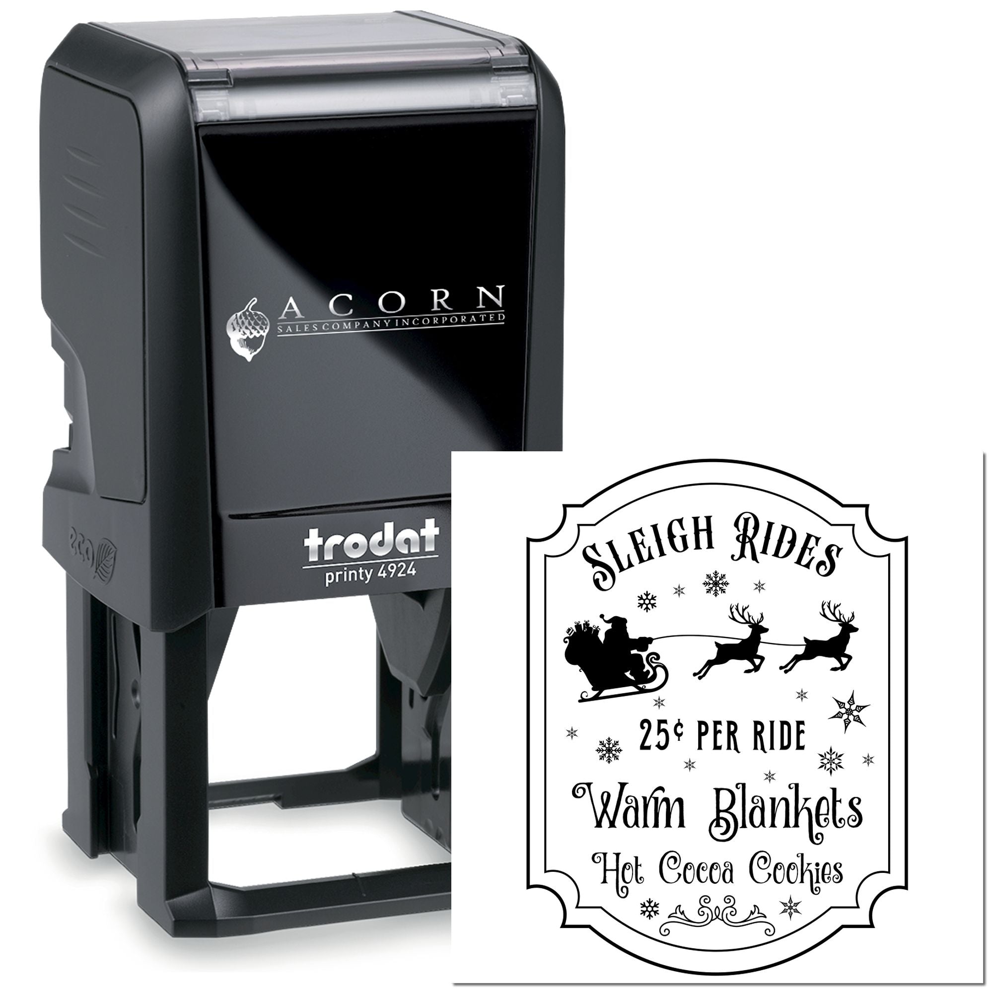Custom self-inking rubber stamp with holiday sleigh rides design for seasonal pricing, branding, and festive event promotions.