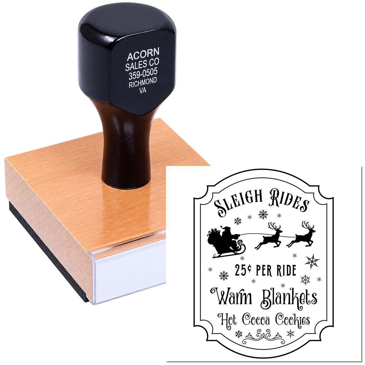 Custom rubber stamp with Sleigh Rides holiday design, shown on wooden block for festive craft and business use.
