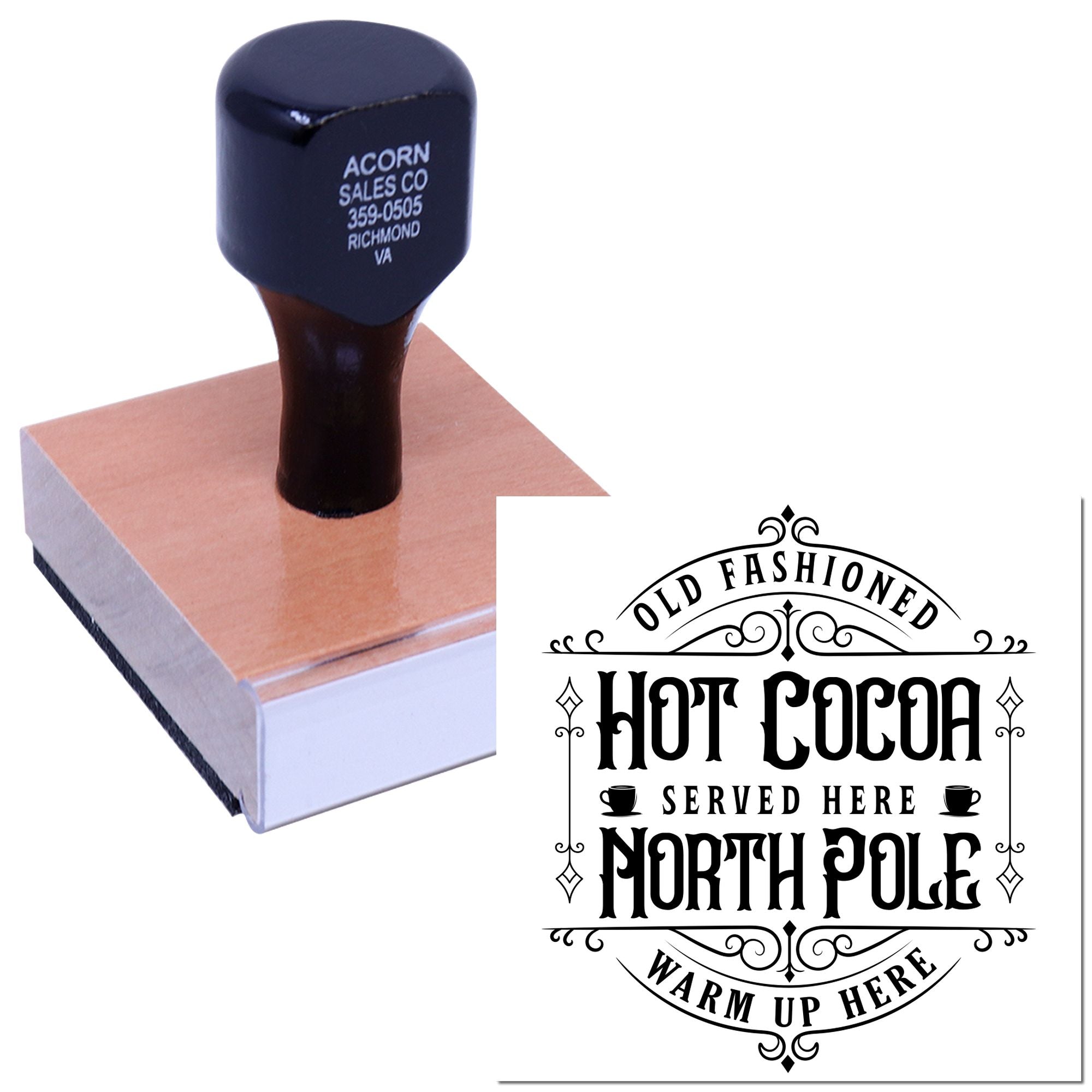 Custom rubber stamp for hot cocoa served here, featuring a North Pole warm-up message on a wooden stamp block.