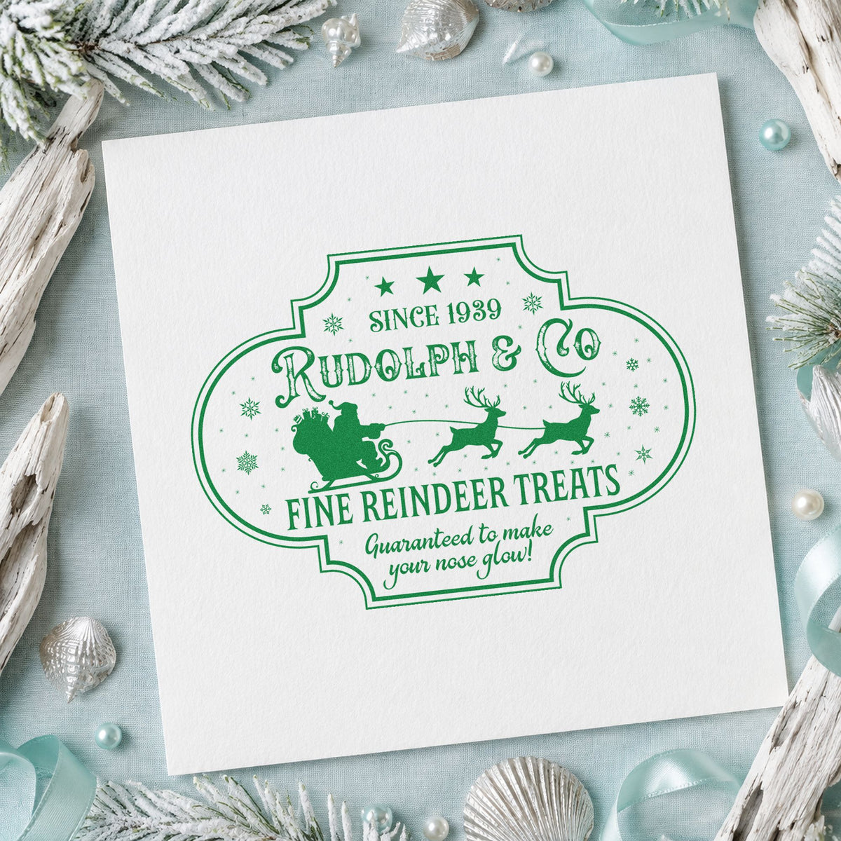 Rudolph Fine Reindeer Treats craft stamp imprinted in green ink on paper, a design suited to framed stable wall.