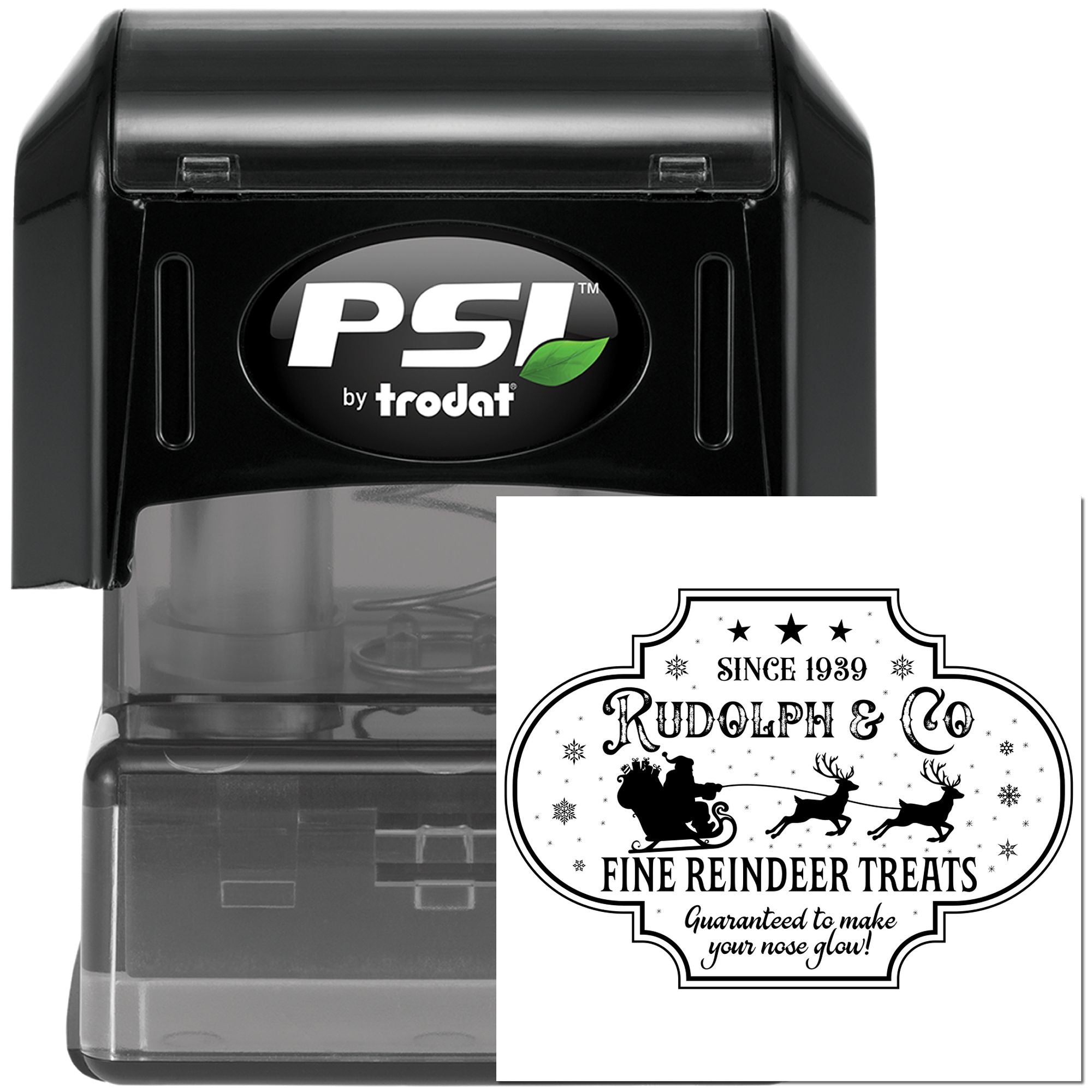 PSI by Trodat self-inking rubber stamp with custom holiday Rudolph & Co reindeer treats design