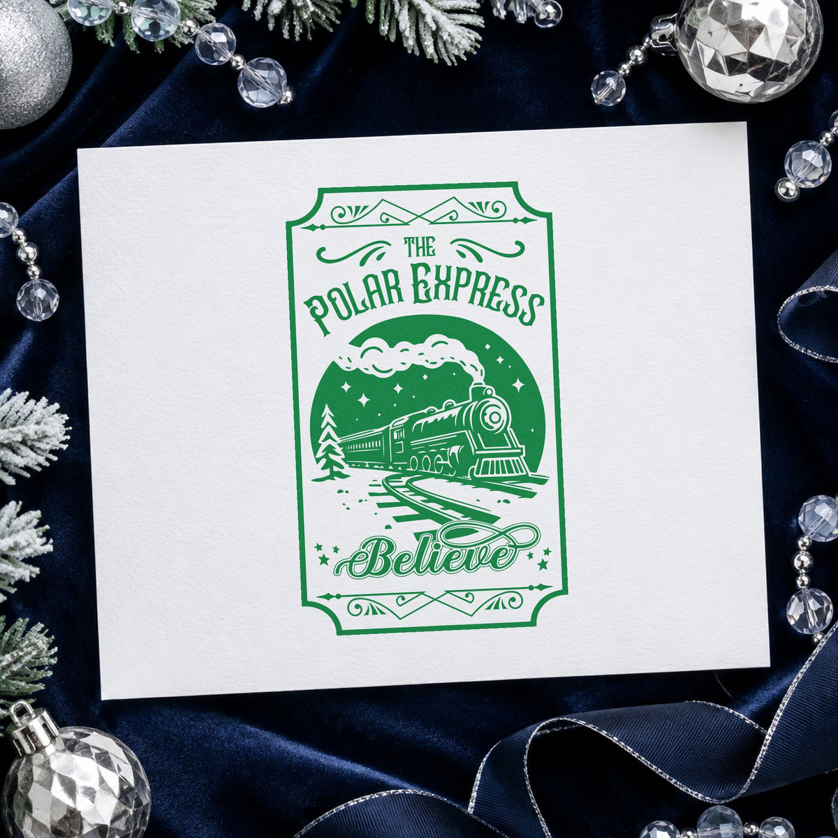 Polar Express Believe Train craft stamp in green ink on cardstock, an easy option for rail trip album page.