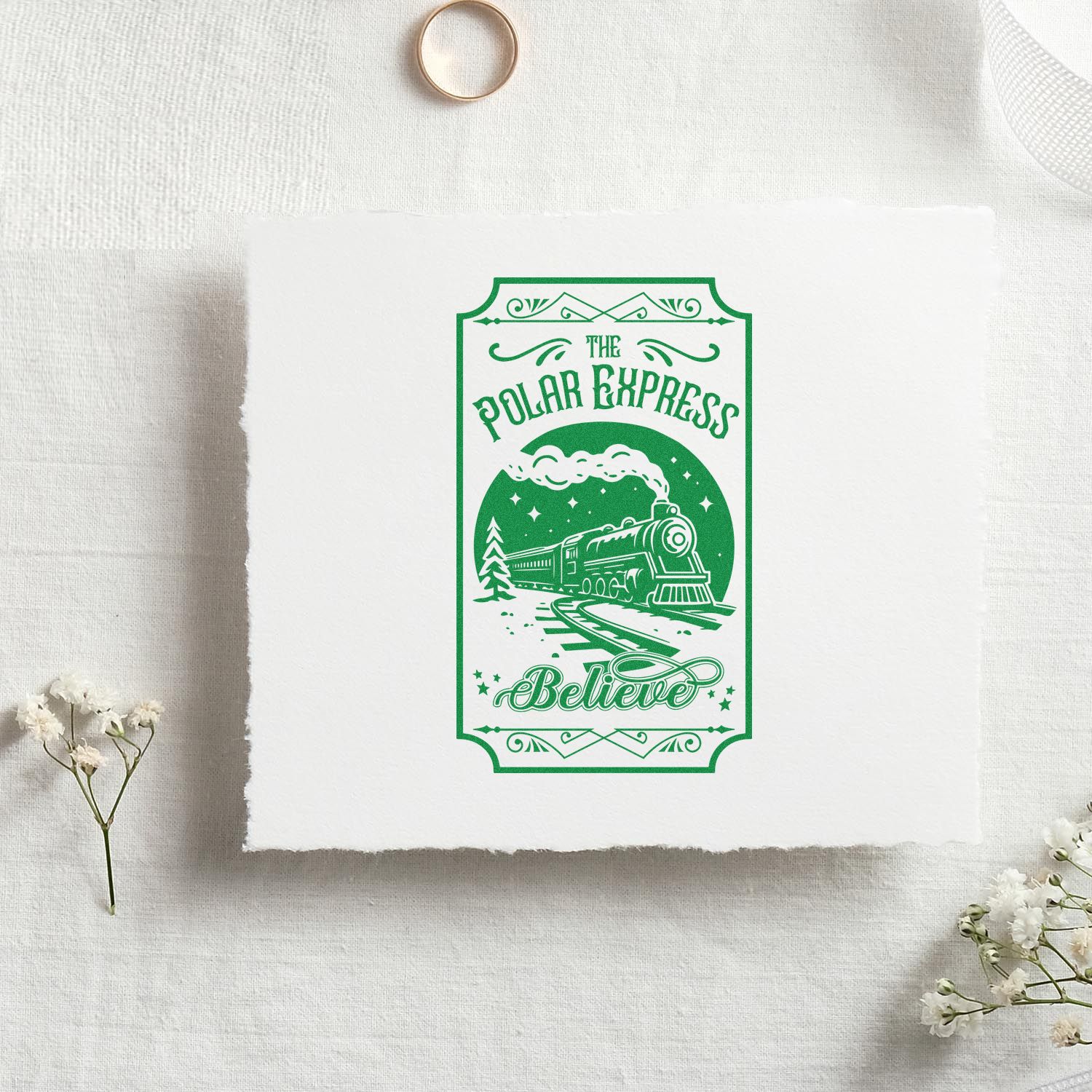 Polar Express Believe holiday rubber stamp design with vintage train, perfect for Christmas cards, tags, and festive crafts.