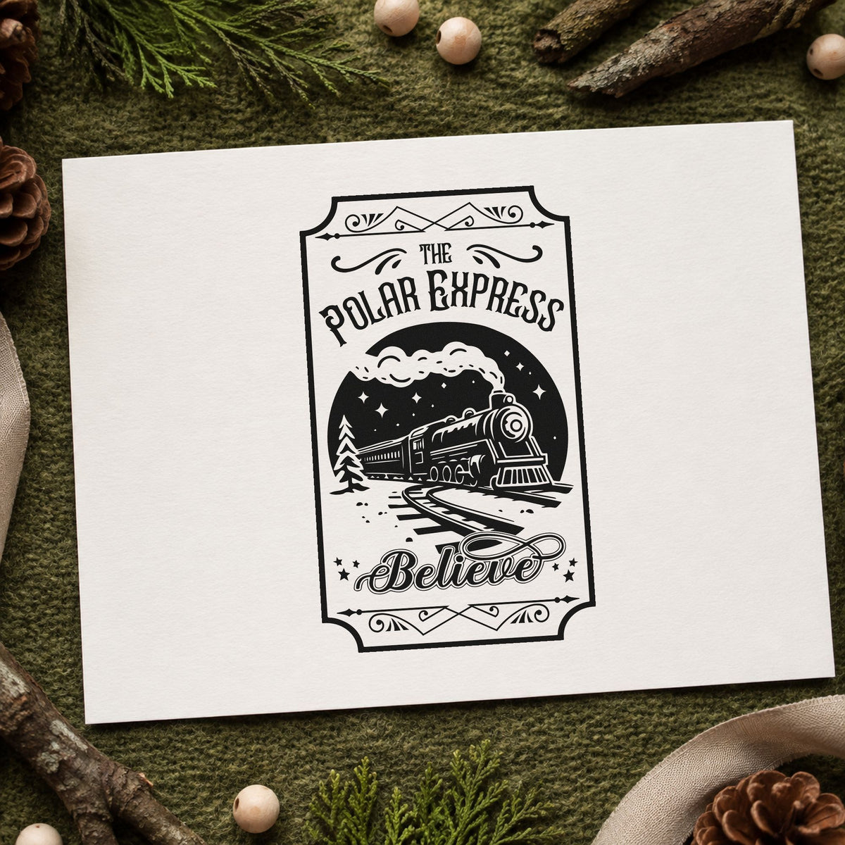 Polar Express Believe Train craft stamp imprint in black ink on a handmade project, one idea being boarding pass tags.