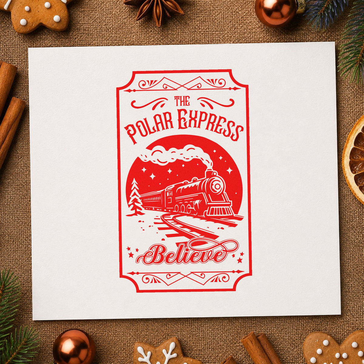 Polar Express Believe Train craft stamp in red ink on cardstock, an easy option for seat cover printing.