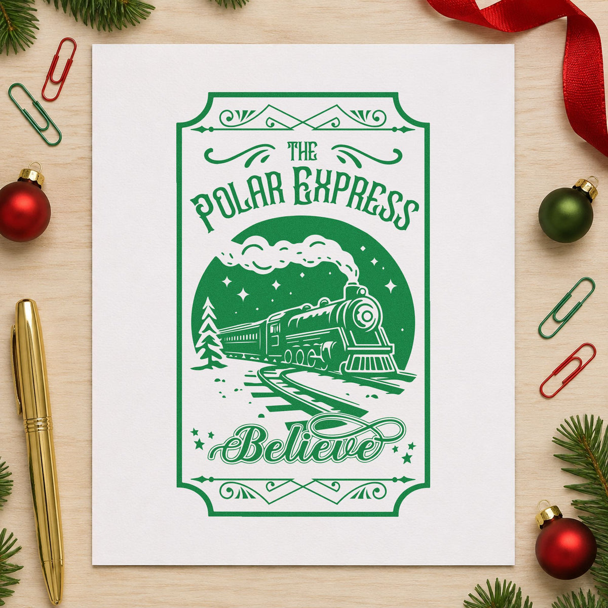 Polar Express Believe Train craft stamp imprinted in green ink on paper, a design suited to framed platform sign.