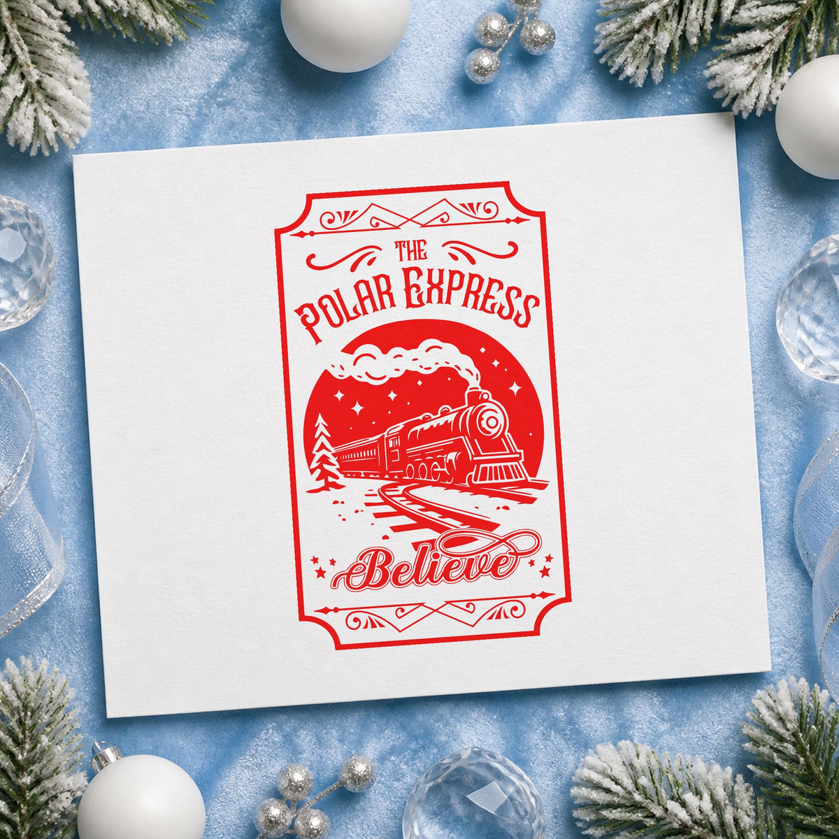 Polar Express Believe Train rubber stamp shown in red ink, stamped for projects such as car number labels.
