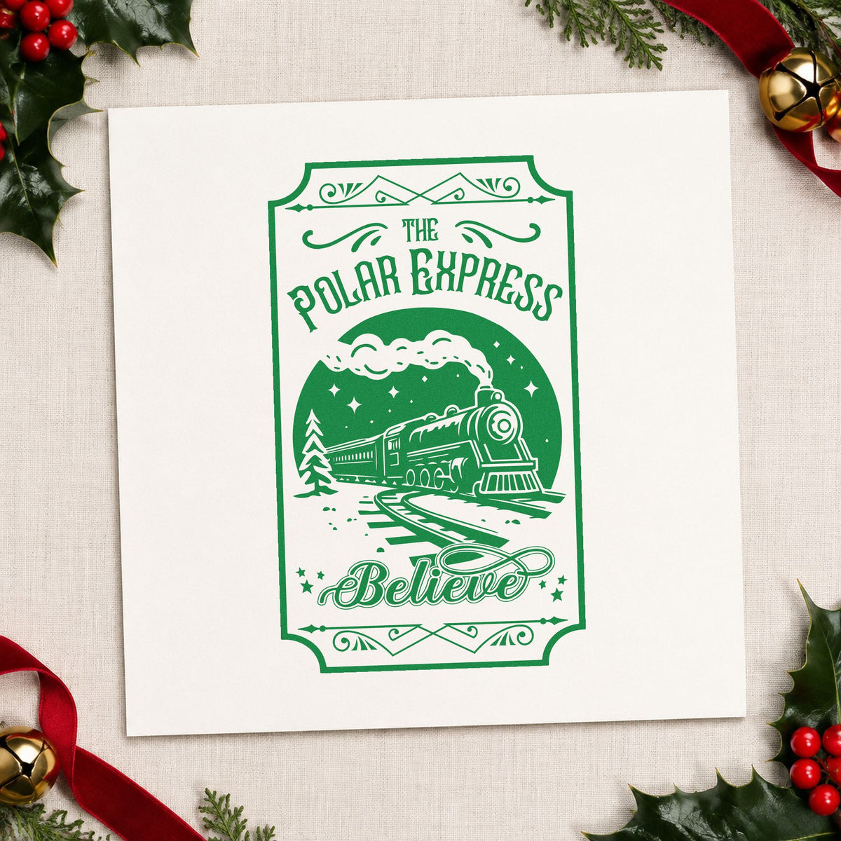 Polar Express Believe Train craft stamp imprint in green ink on a handmade project, one idea being ticket stub slips.