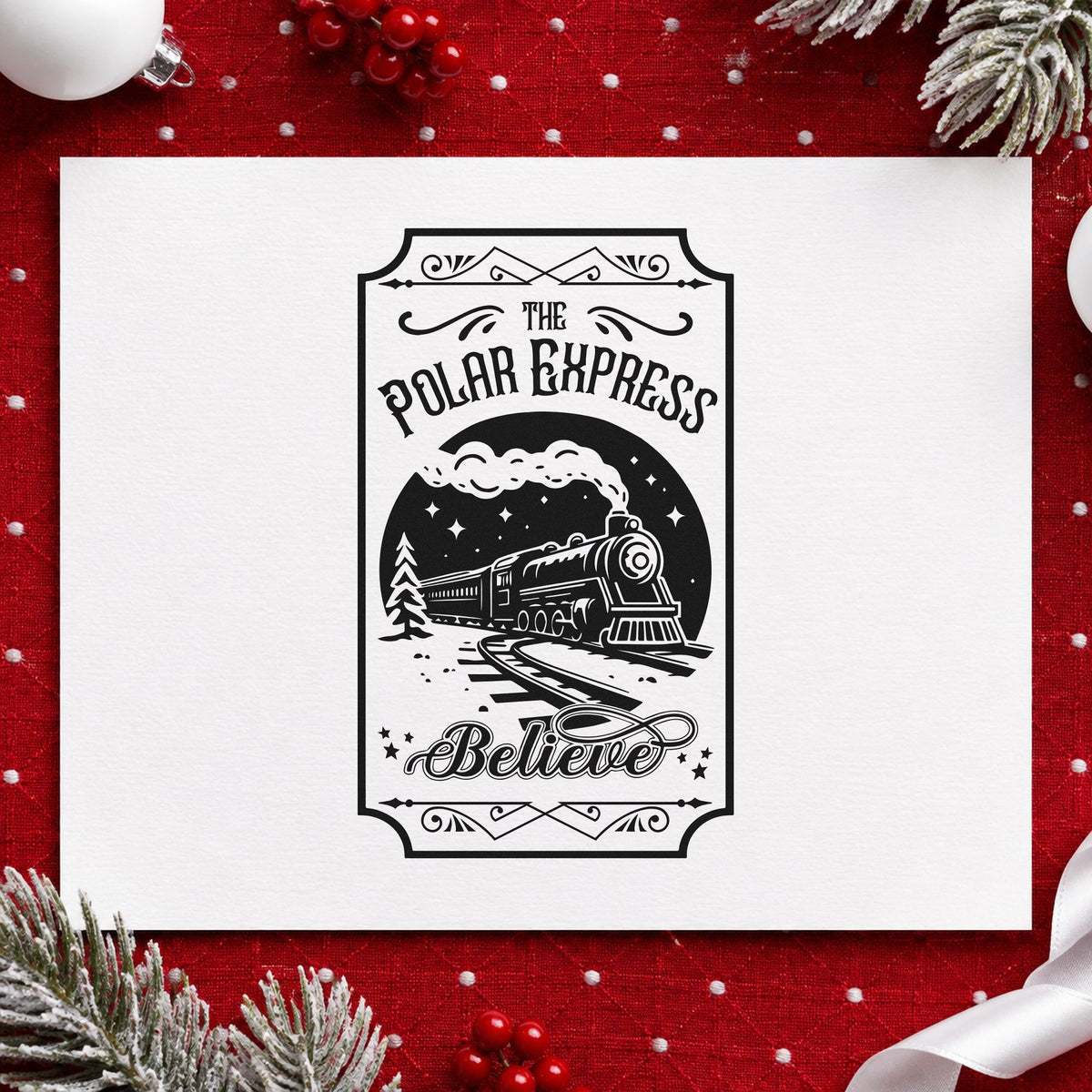 Polar Express Believe Train rubber stamp printed in black ink, ready for vertical train cards and similar paper crafts.