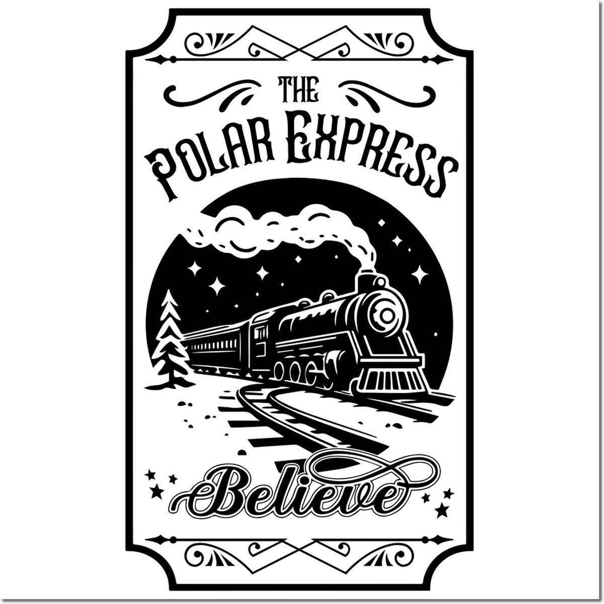 Polar Express Believe rubber stamp design with vintage steam train and ornate holiday lettering