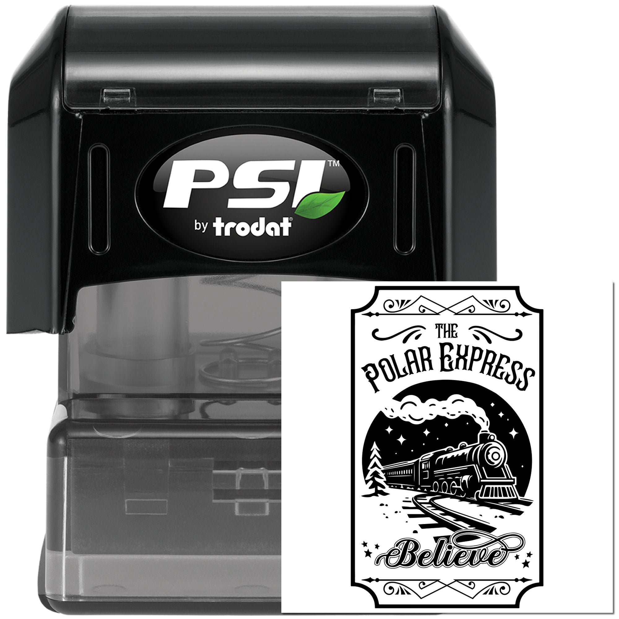 PSI by Trodat rubber stamp with Polar Express Believe design, ideal for custom holiday stamping and craft projects.