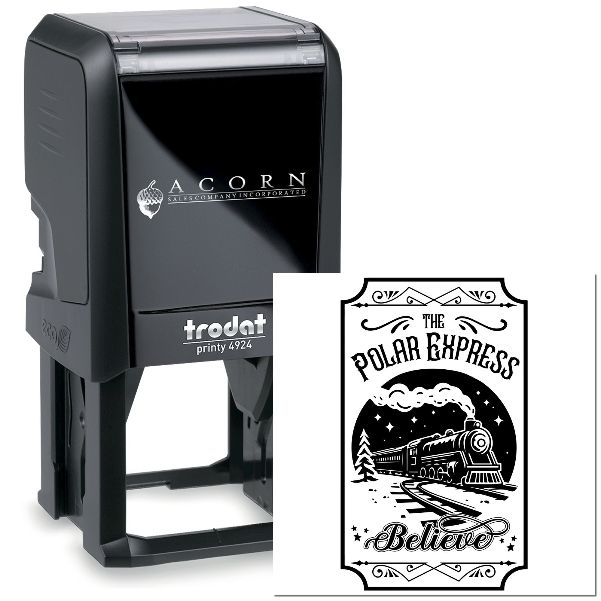 Custom self-inking rubber stamp with Polar Express Believe design for holiday cards, crafts, and festive packaging.