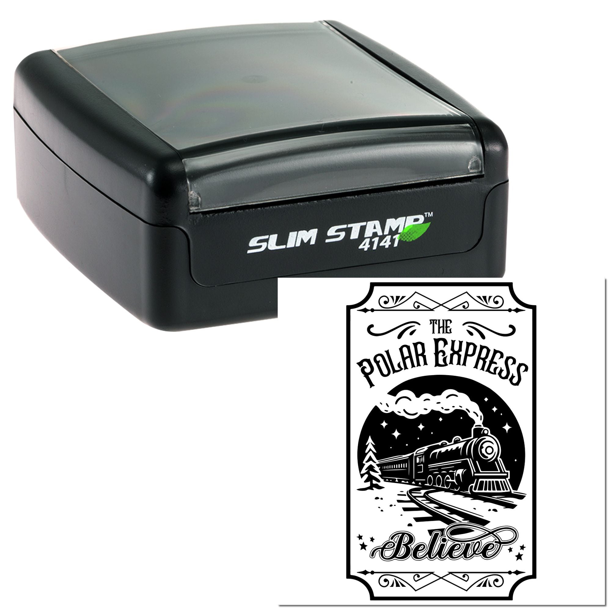 Slim Stamp self-inking rubber stamp featuring The Polar Express Believe train design for custom holiday crafts and labeling.