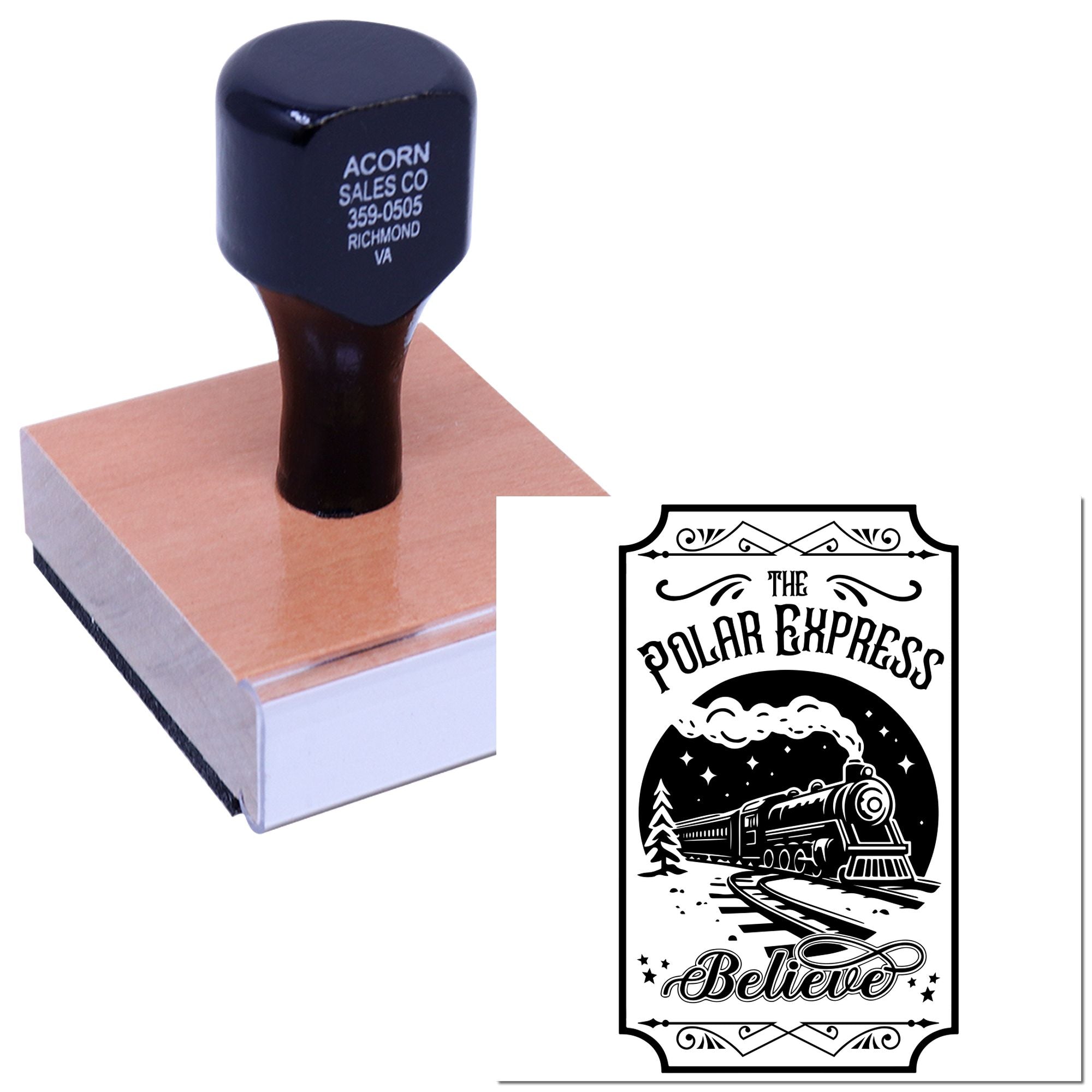 Custom rubber stamp on wooden block with The Polar Express Believe train design imprint