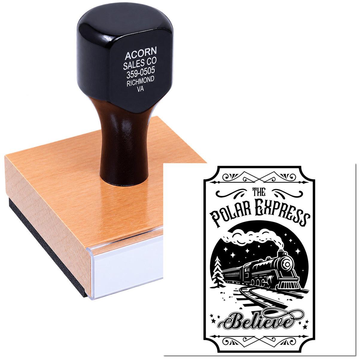 Custom rubber stamp on wooden block with The Polar Express Believe train design imprint