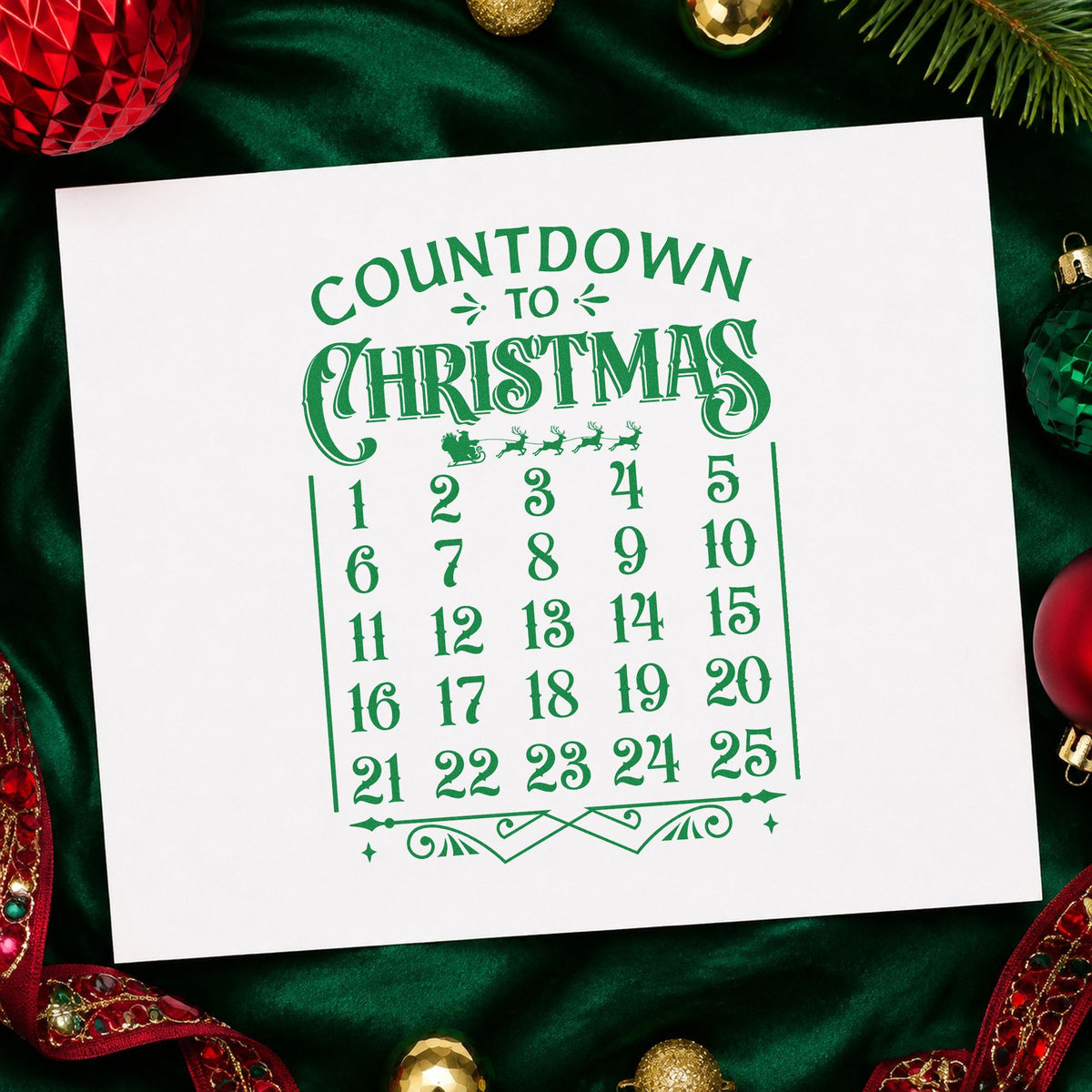 Countdown To Christmas Calendar craft stamp in green ink on cardstock, an easy option for daily photo album.