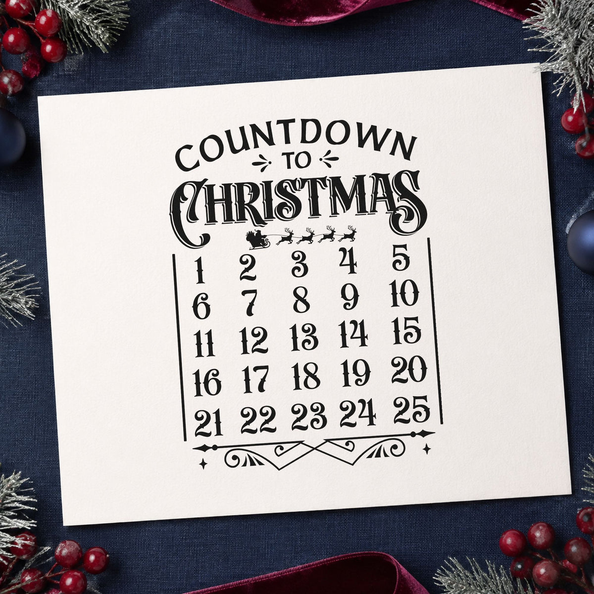 Countdown To Christmas Calendar rubber stamp printed in black ink, ready for month plan sheet and similar paper crafts.