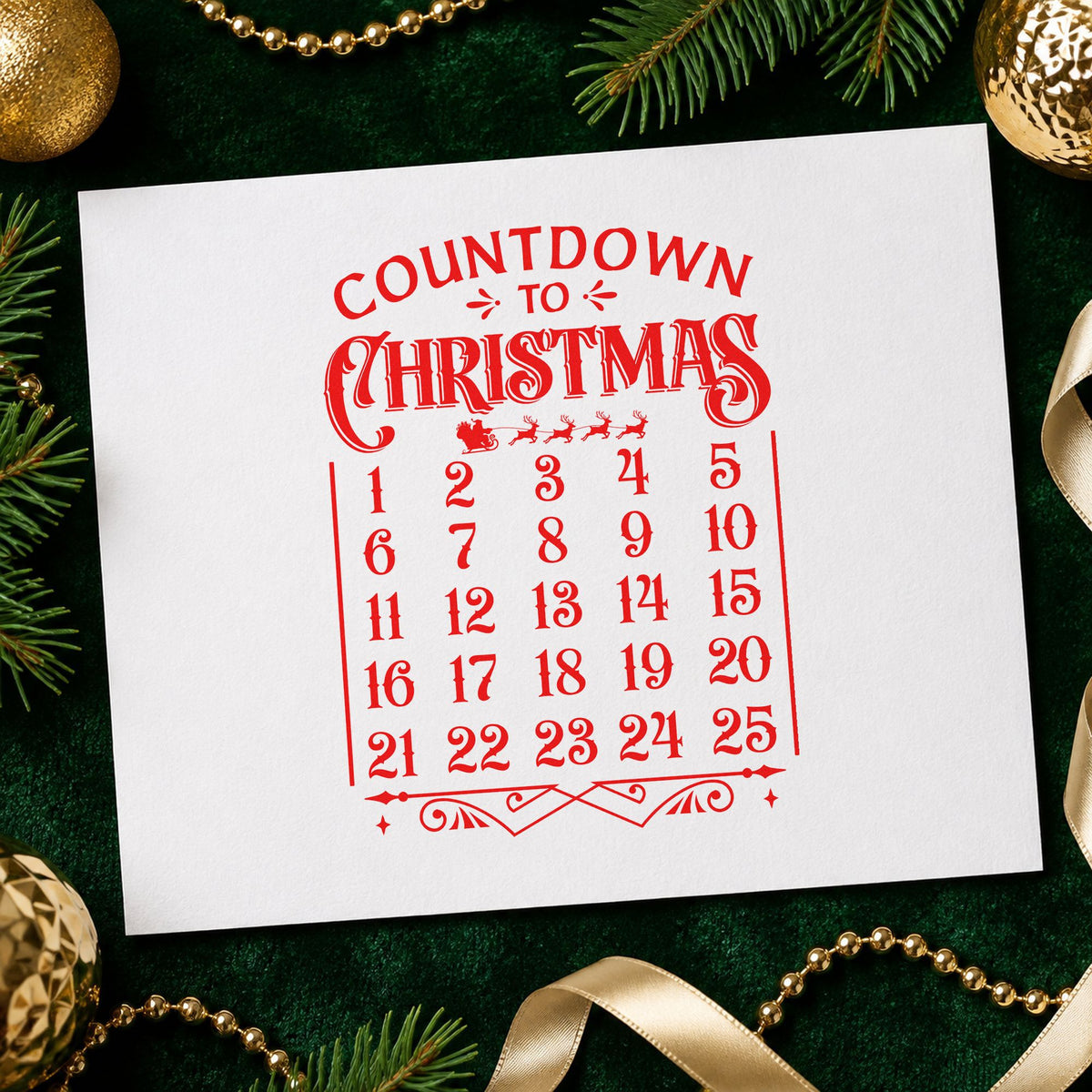 Countdown To Christmas Calendar craft stamp in red ink on cardstock, an easy option for wall hanging printing.