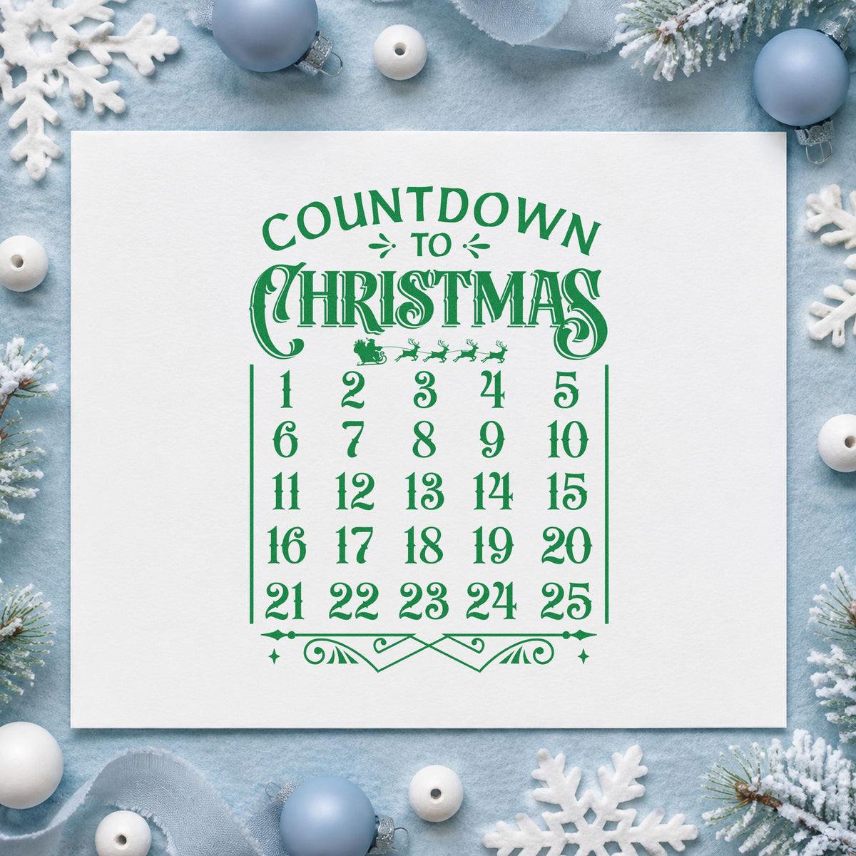 Countdown To Christmas Calendar craft stamp imprinted in green ink on paper, a design suited to framed kitchen grid.