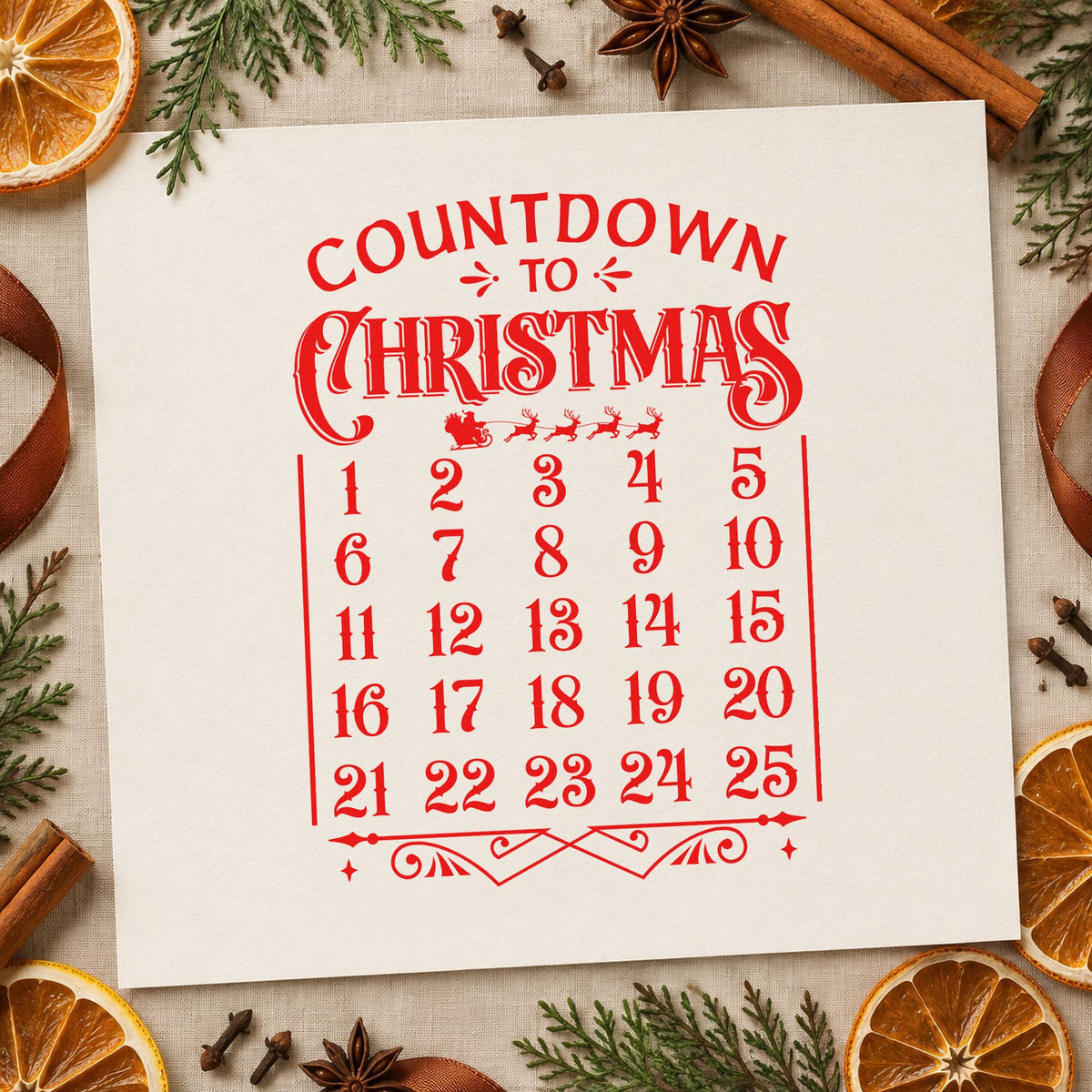 Countdown To Christmas Calendar rubber stamp shown in red ink, stamped for projects such as drawer slot labels.