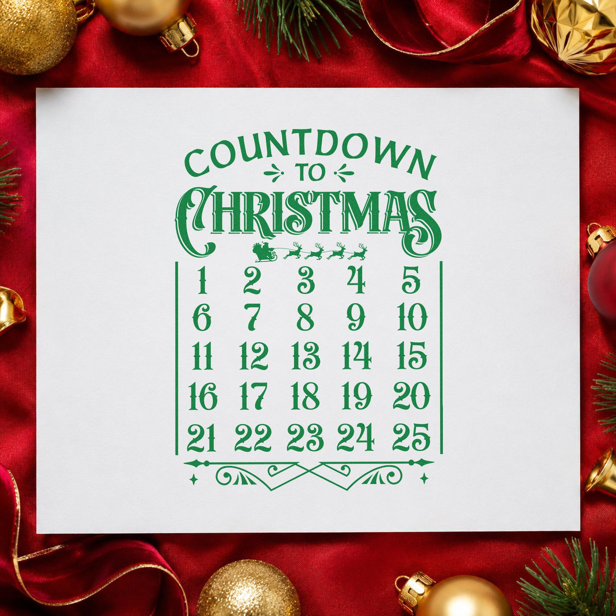 Countdown To Christmas Calendar craft stamp imprint in green ink on a handmade project, one idea being window count signs.