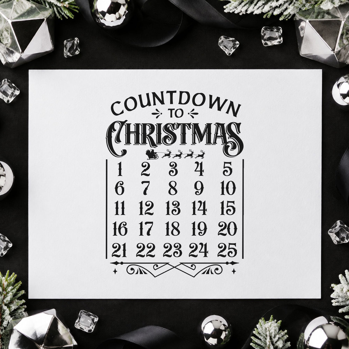 Countdown To Christmas Calendar rubber stamp printed in black ink, ready for numbered grid cards and similar paper crafts.